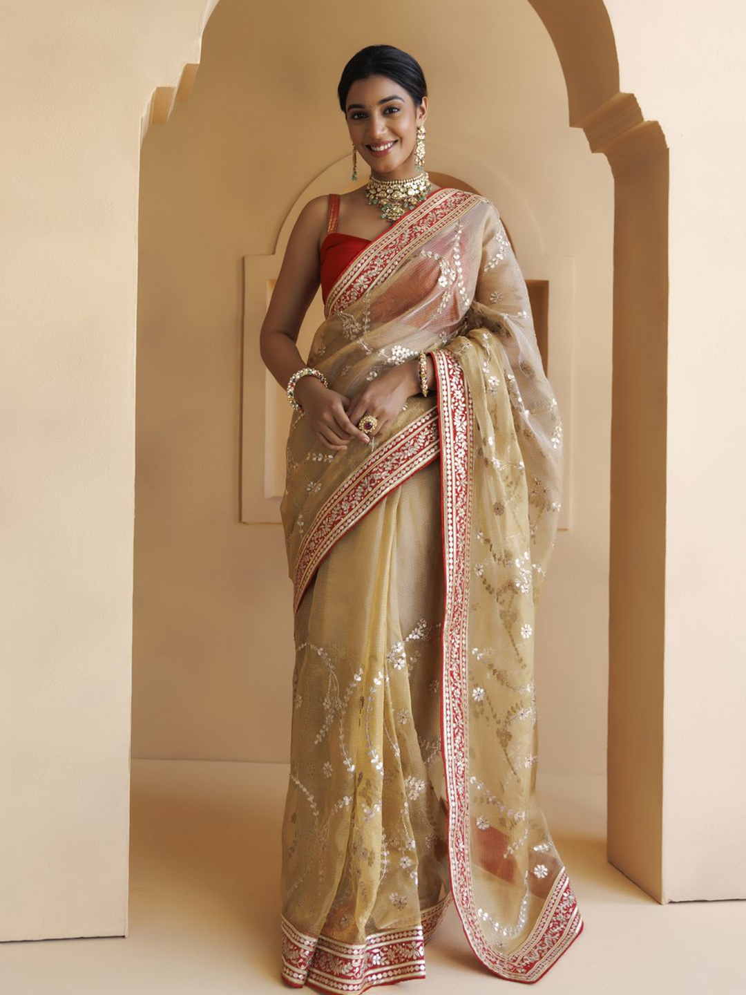 

Geroo Luxe Embellished Embroidered Kota Saree, Beige
