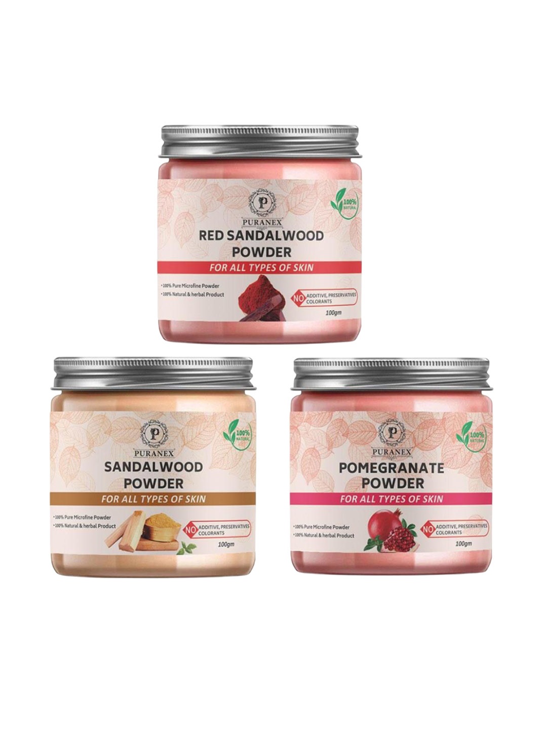 

Puranex Set Of 3 Red Sandalwood & Pomegranate Face Pack Powder - 100 g Each, White