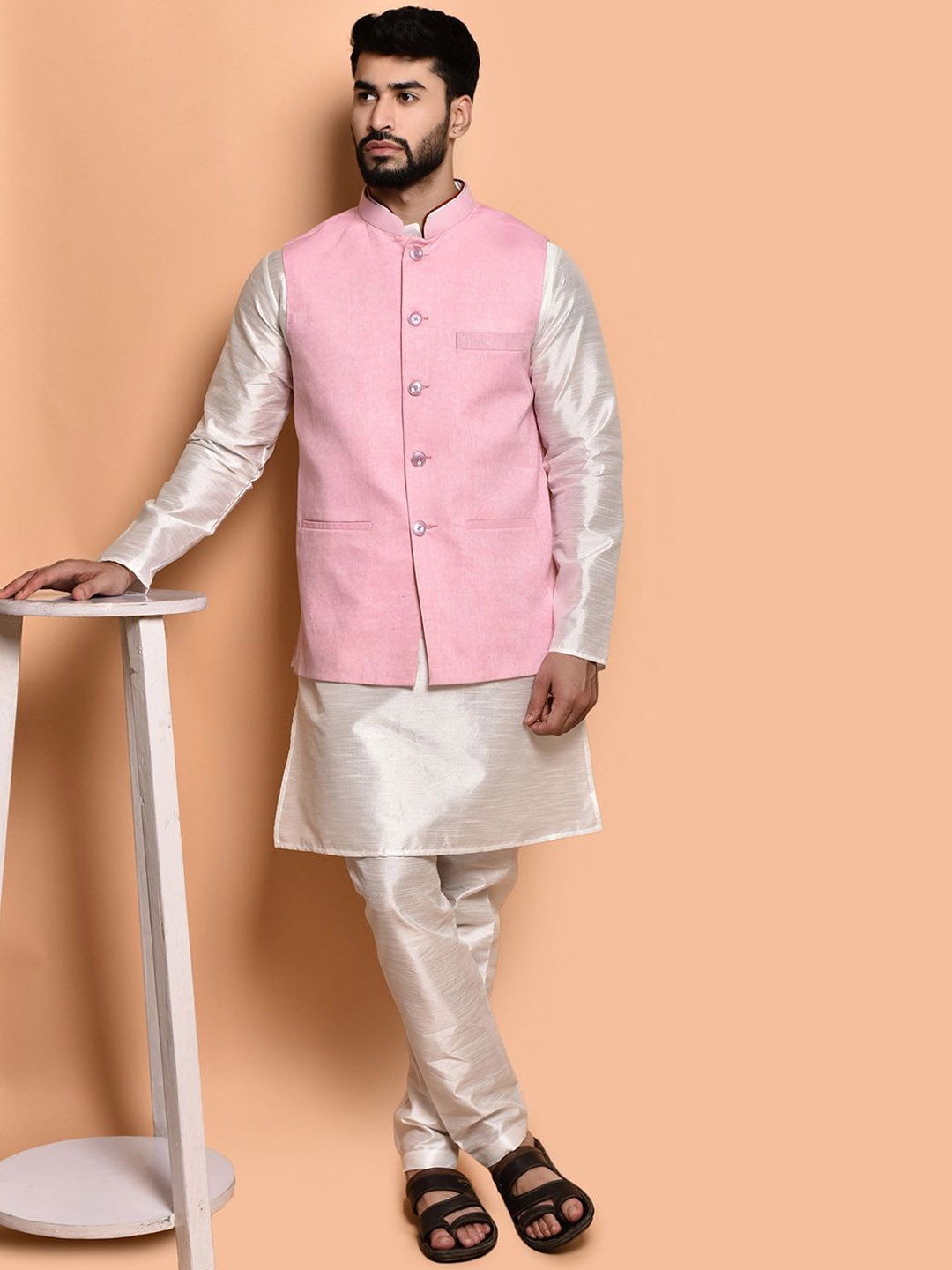 

PRINTINDIA Mandarin Collar Pure Silk Straight Kurta with Trousers, White