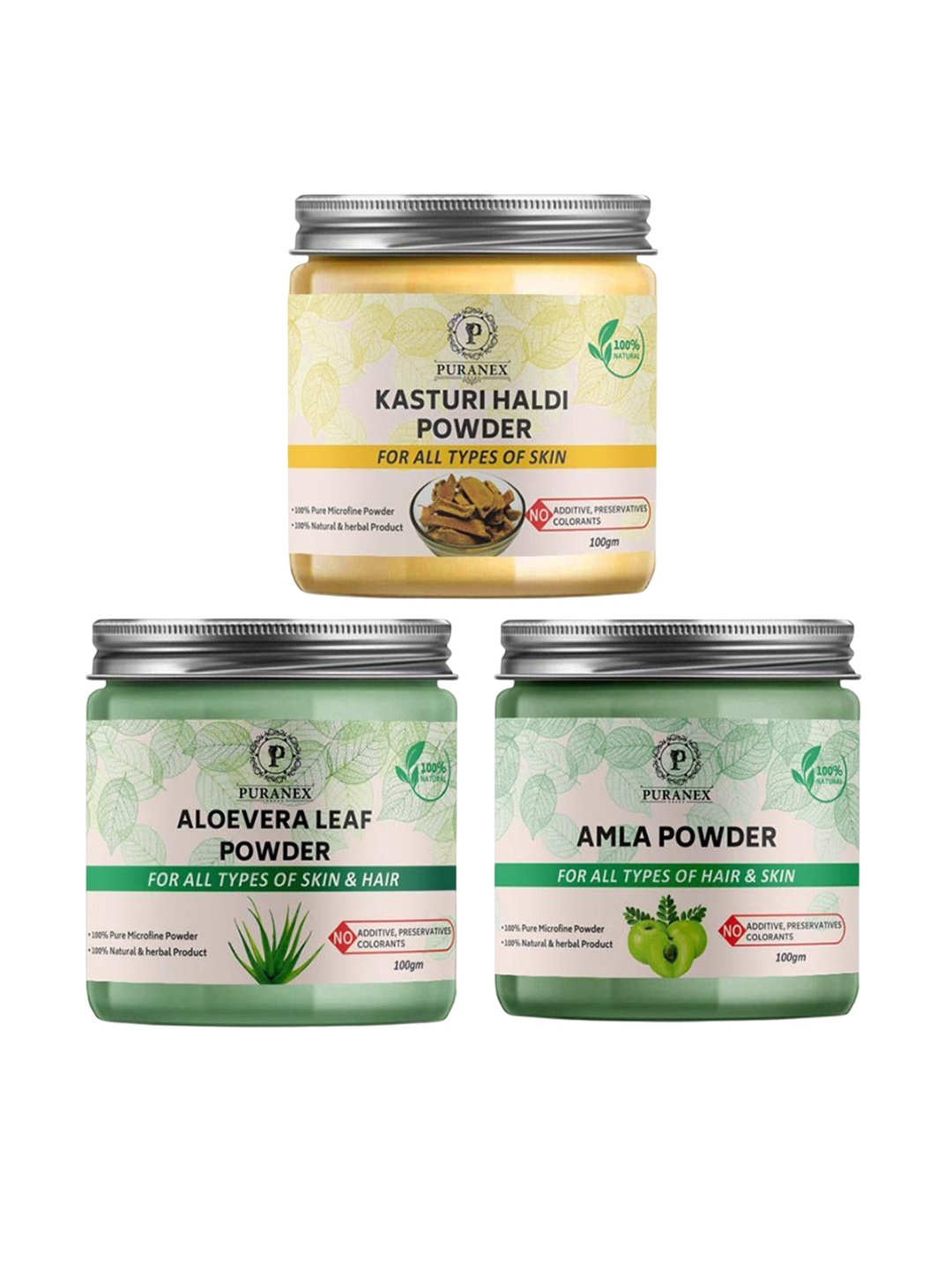 

Puranex Set Of 3 Kasturi Haldi, Aloevera Leaf & Amla Mask Powder - 100 gm Each, White