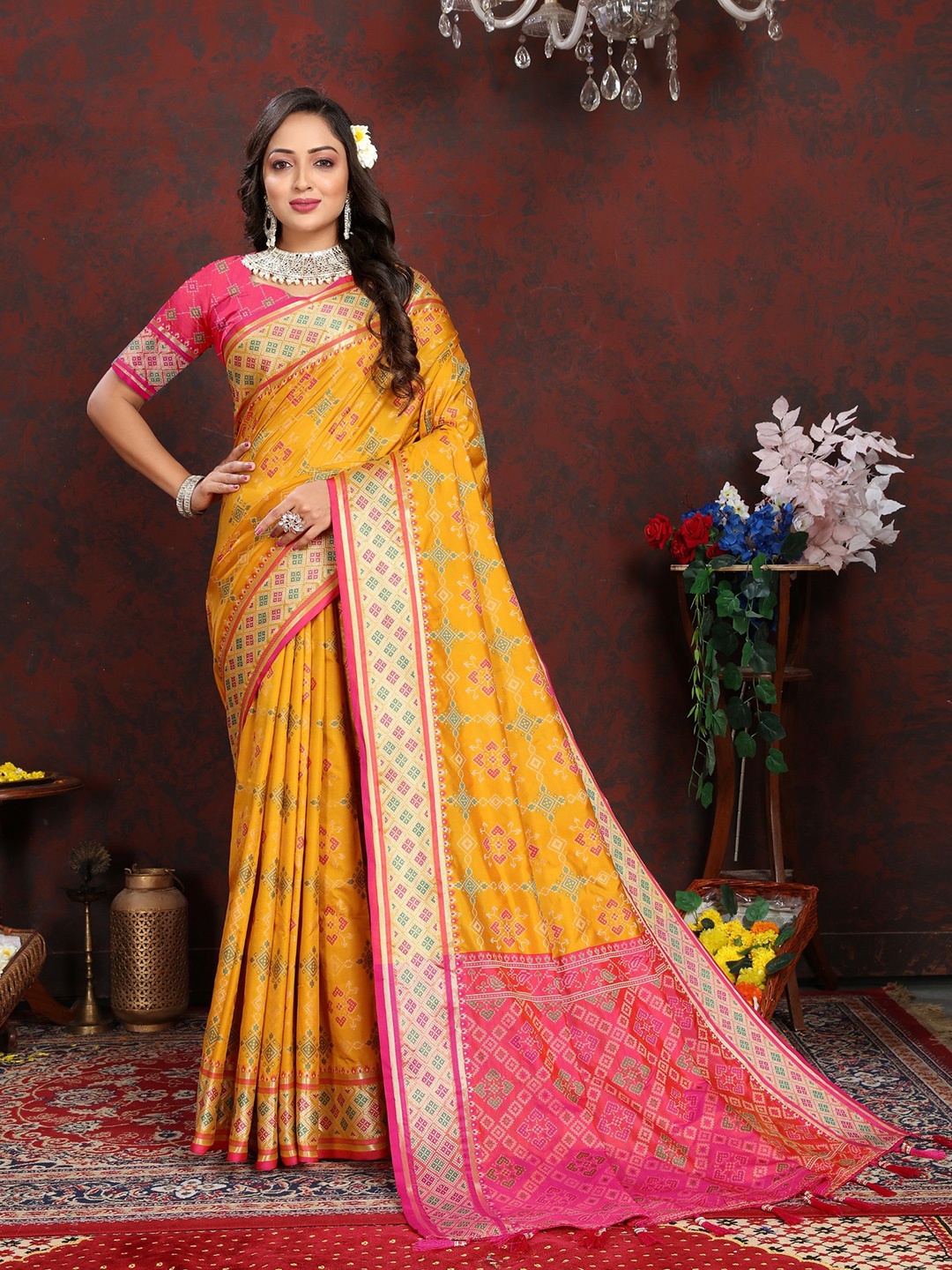 

Anaita Ethnic Motifs Zari Woven Design Patola Saree, Yellow
