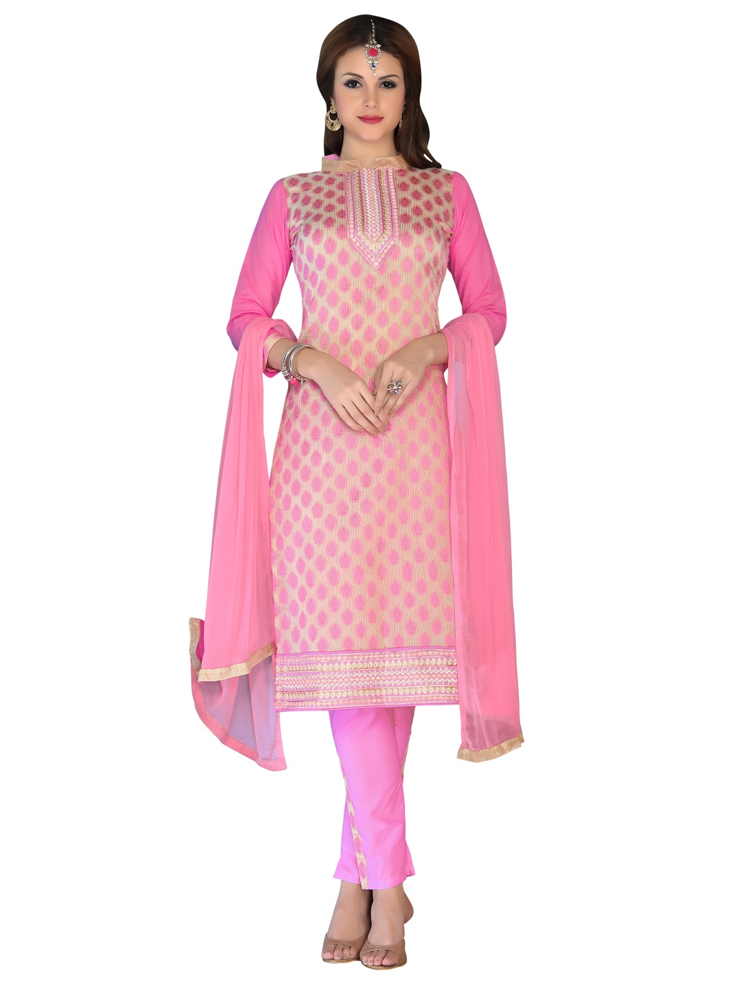 

Maroosh Floral Embroidered Unstitched Dress Material, Pink
