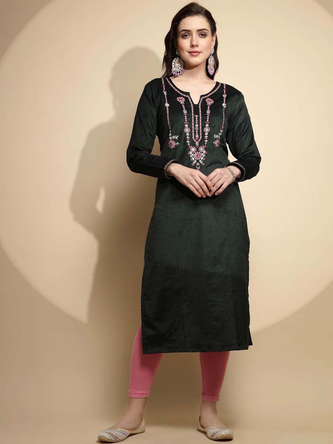 

Me&I Notch Neck Floral Embroidered Thread Work Straight Kurta, Olive