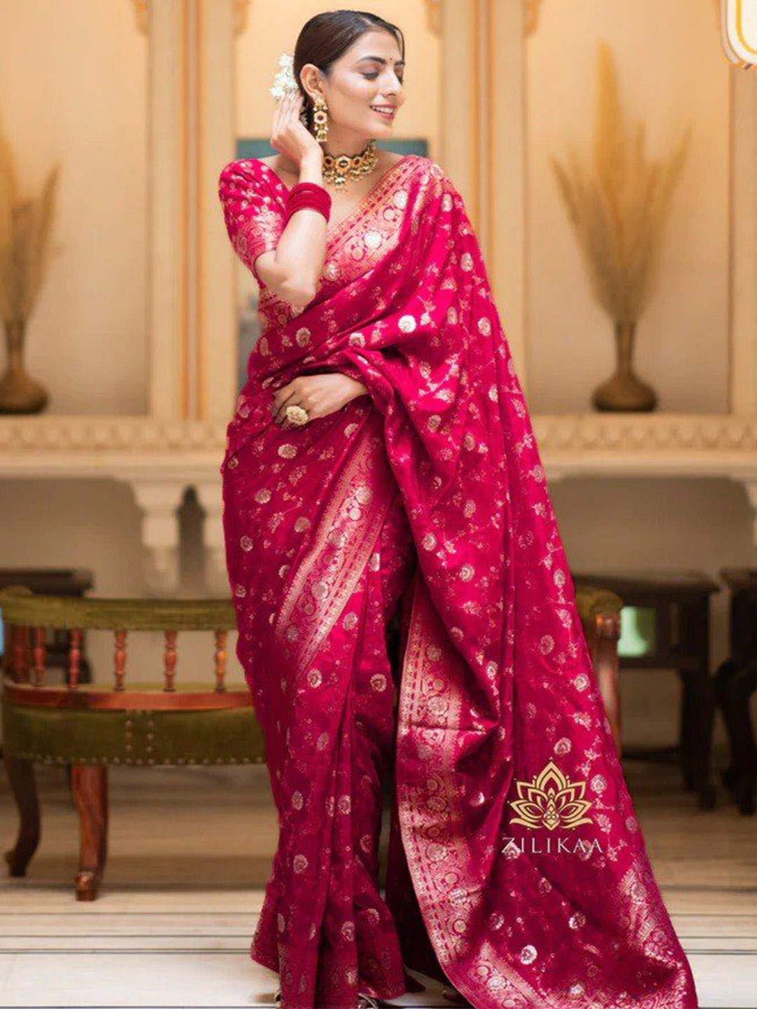

Fashion Booms Woven Design Zari Pure Silk Banarasi Saree, Pink