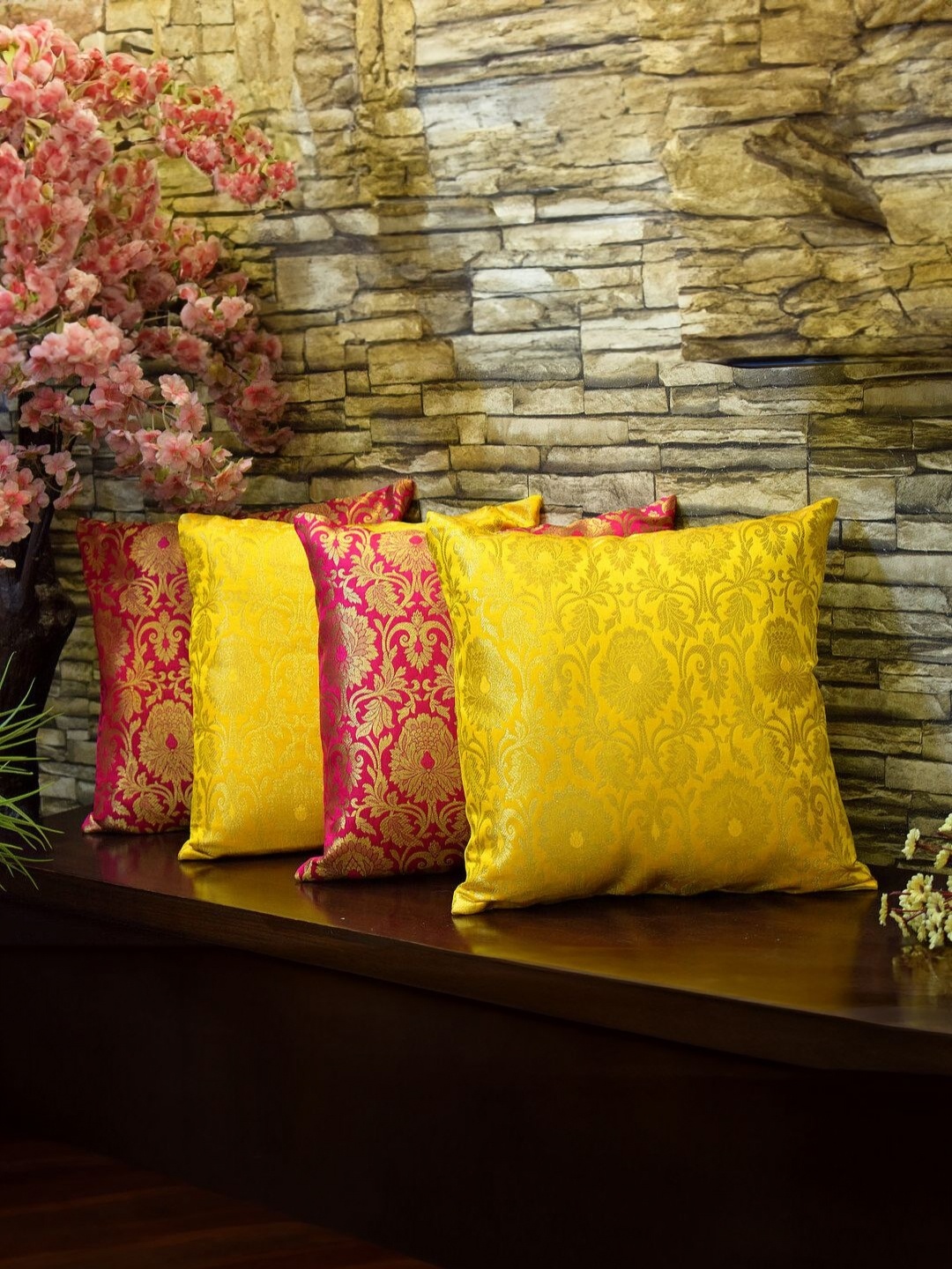 

RoyalDeco Yellow & Pink 4 Pieces Ethnic Motifs Printed Brocade Silk Square Cushion Covers