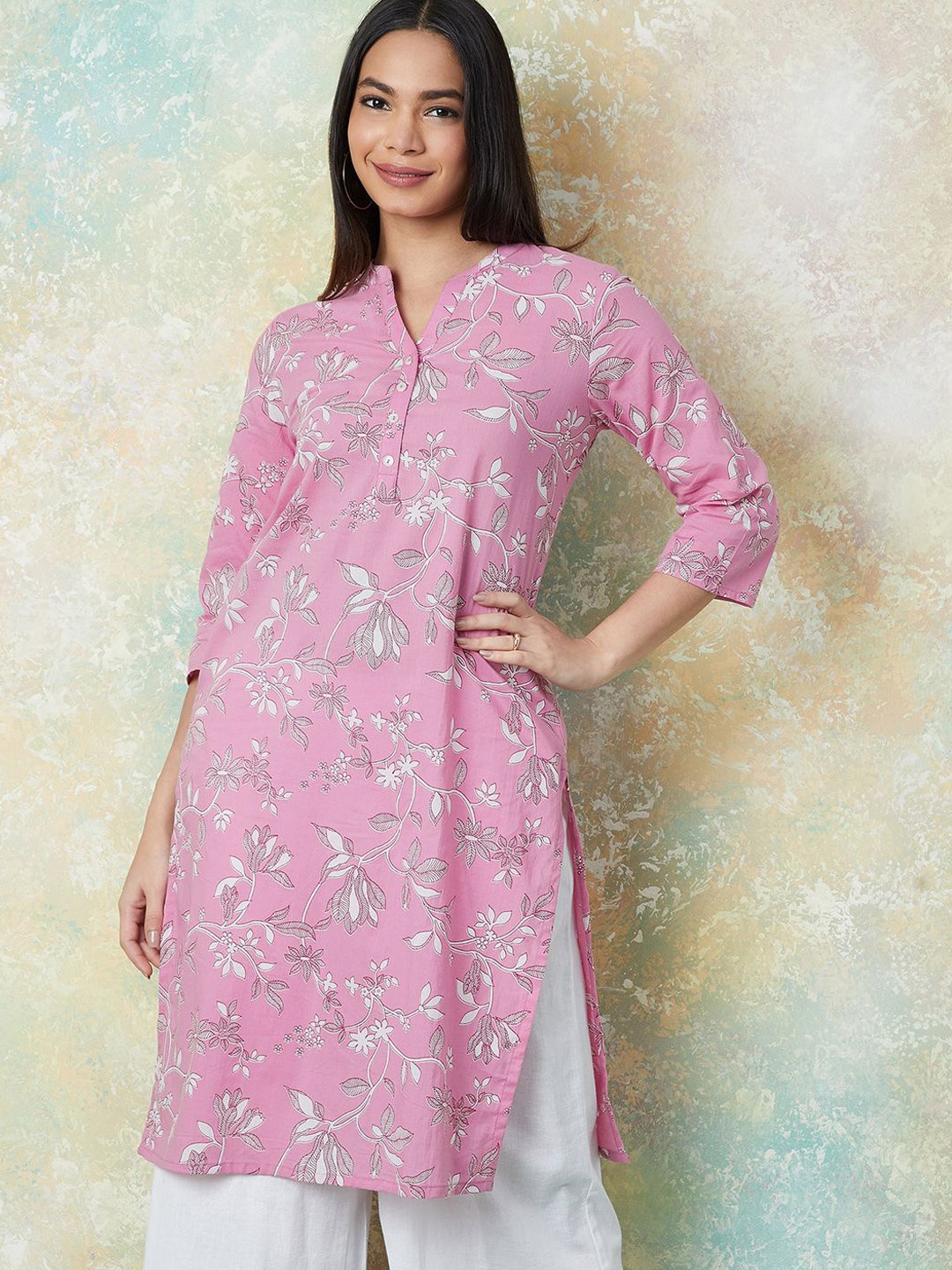 

Melange by Lifestyle Floral Printed Mandarin Collar Cotton Straight Kurta, Pink