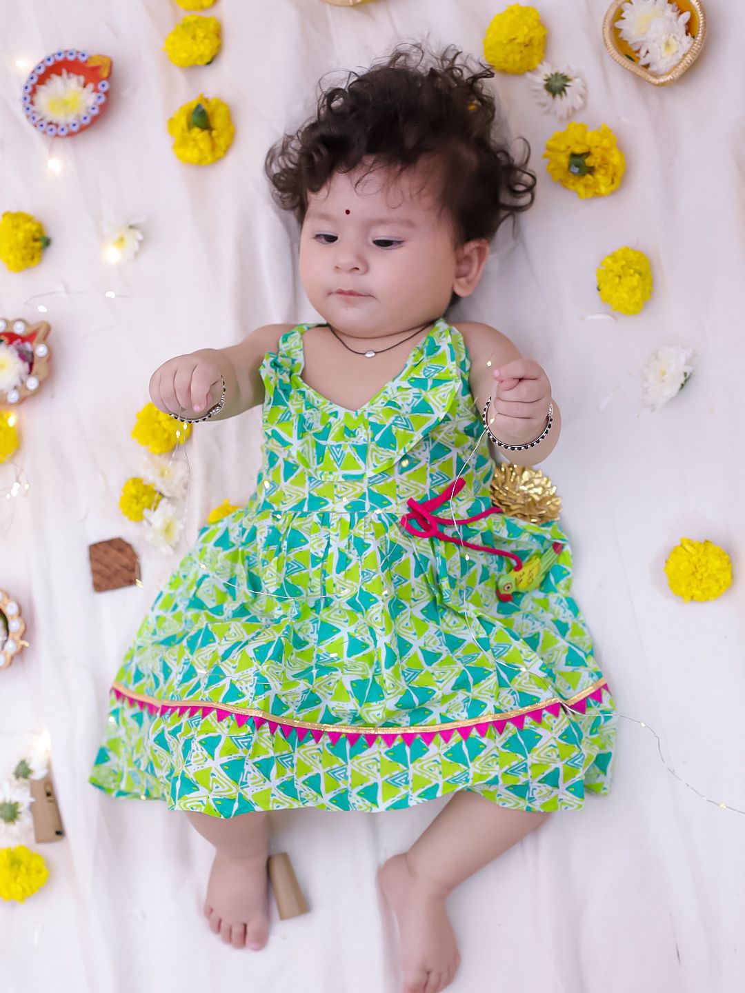 

KID1 Girls Ethnic Motifs Printed Halter Neck Sleeveless Fit and Flare Dress, Green