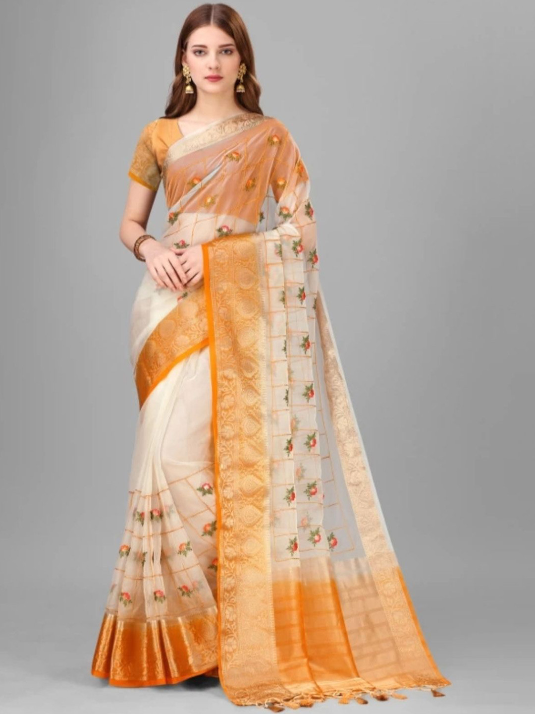 

DIVASTRI Floral Embroidered Organza Banarasi Saree, Yellow