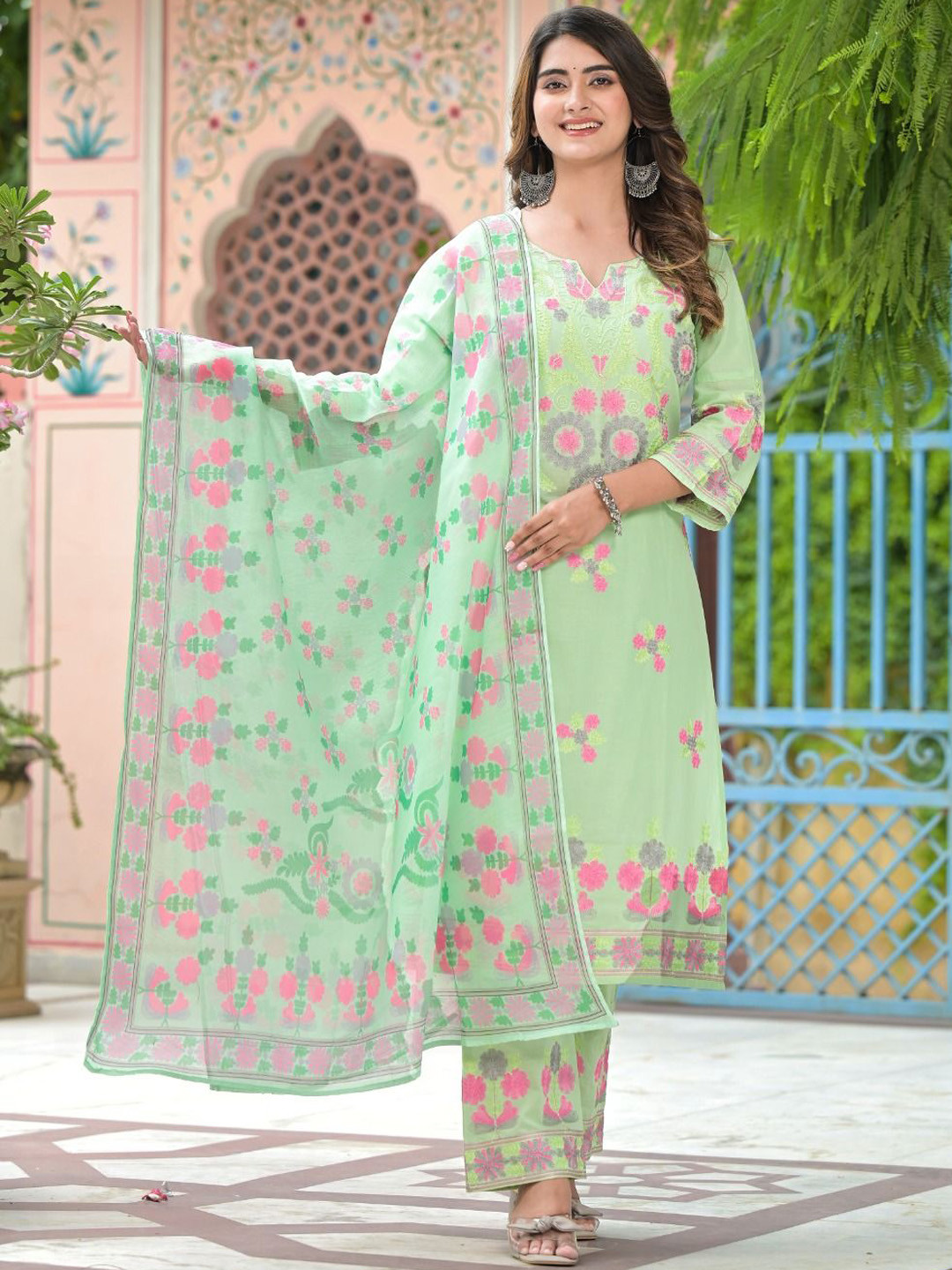 

FLAVIA CREATION Ethnic Motifs Printed Straight Kurta With Trousers & Dupatta, Green
