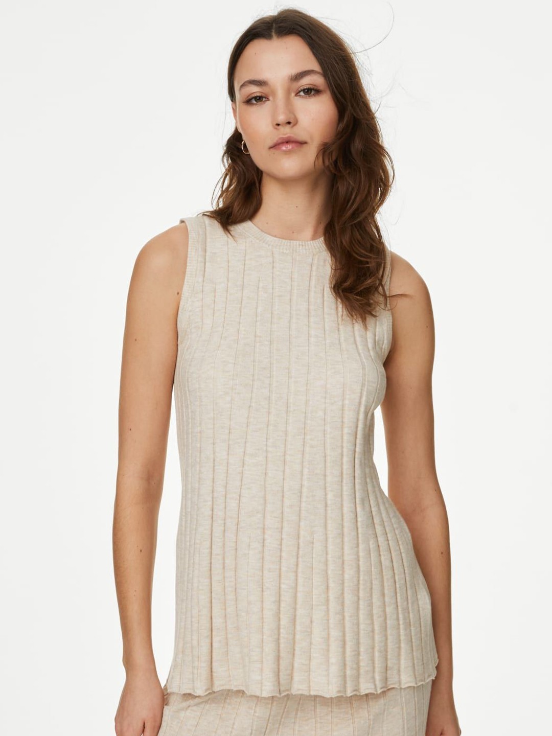 

Marks & Spencer Women Striped Crew Neck Sleeveless Knitted Top, Beige