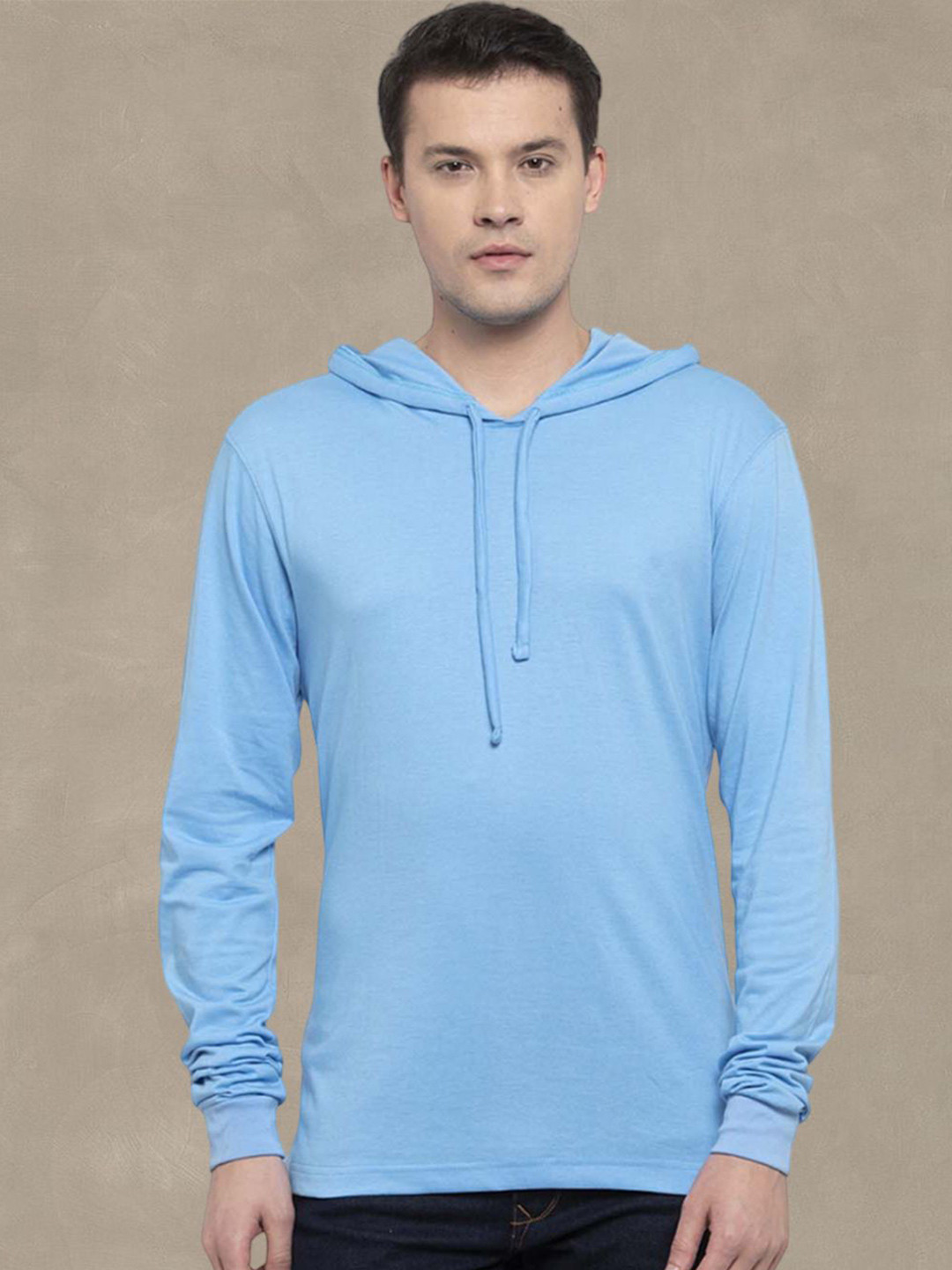 

Friskers Men Turquoise Blue Cotton Solid Hoodie T-shirt