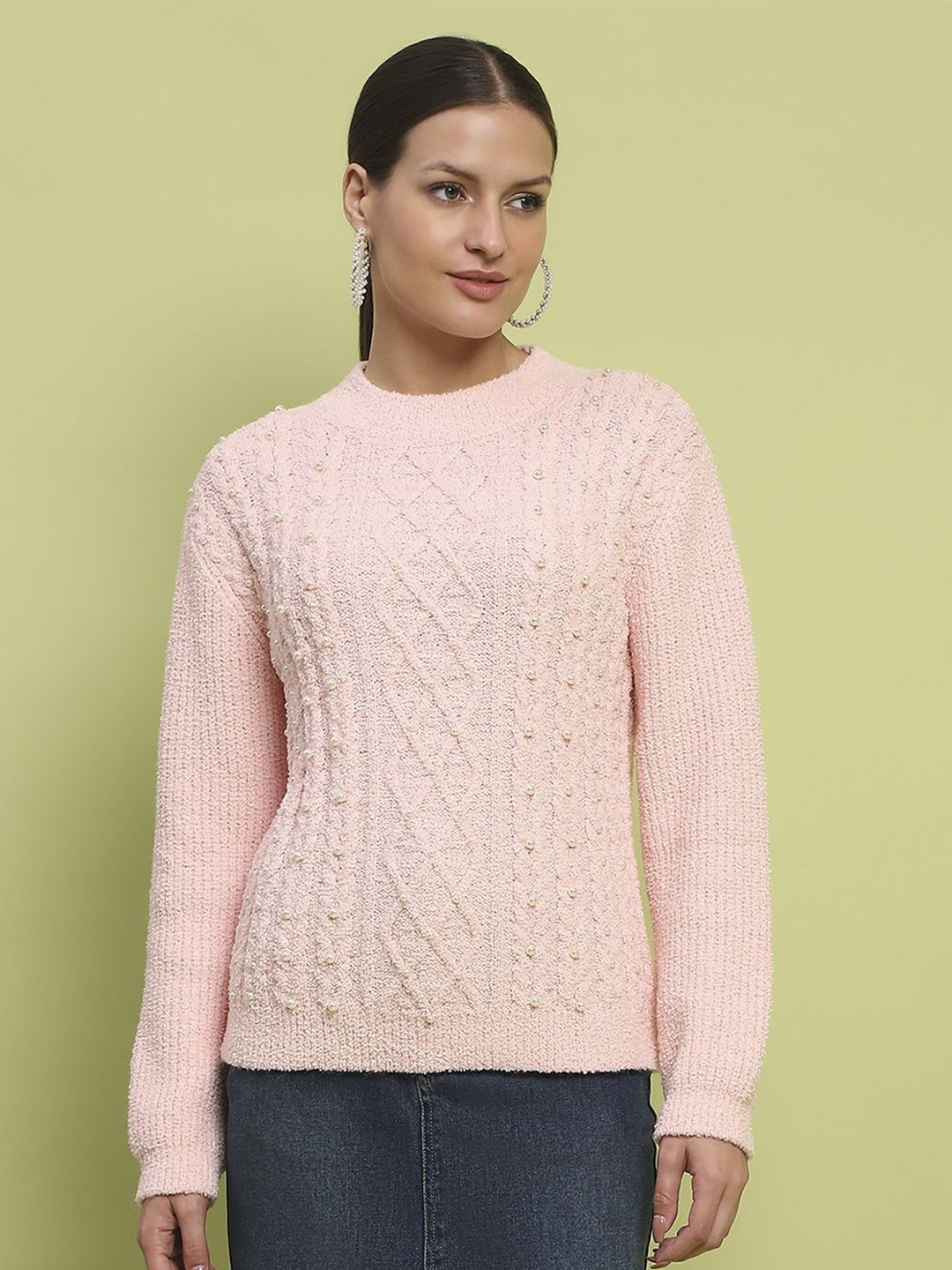 

Madame Women Cable Knit Round Neck Pullover Sweaters, Peach