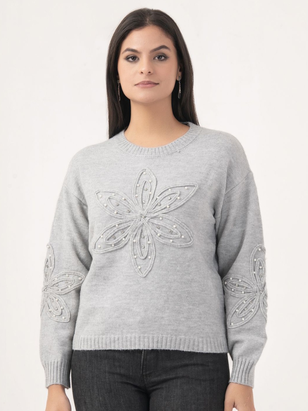 

Albion By CnM Women Embroidered Pullover Sweater with Embellished Detail, Grey