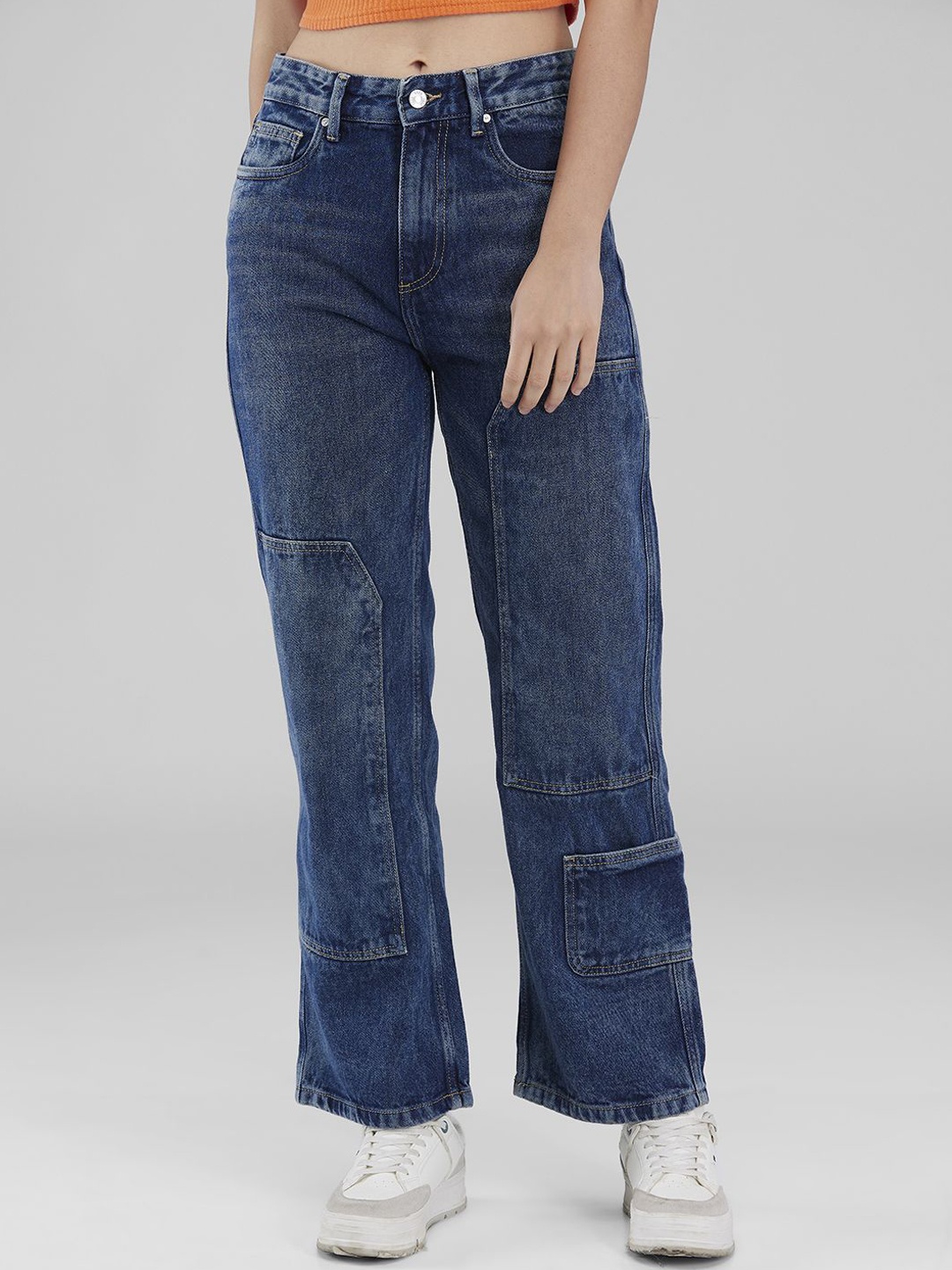 

IZEL Women Wide Leg Low Distress Light Fade Jeans, Blue