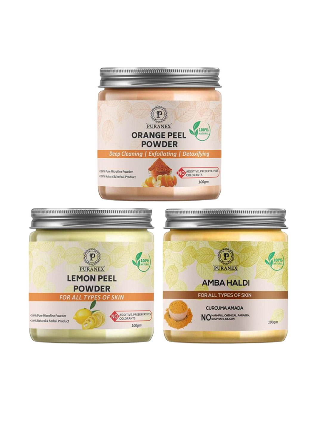 

Puranex Set Of 3 Orange Peel Amba Haldi & Lemon Peel Face Pack Powder- 100 gm Each, White