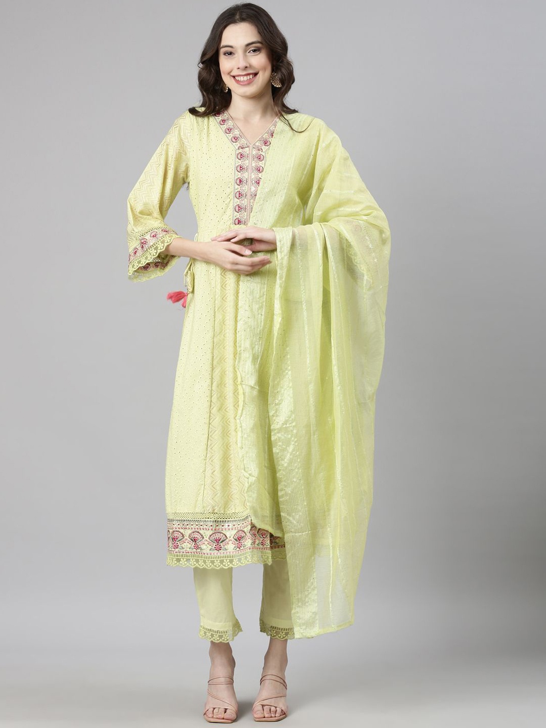 

Neerus Ethnic Motifs Embroidered Empire Chikankari Kurta with Trouser & Dupatta, Yellow