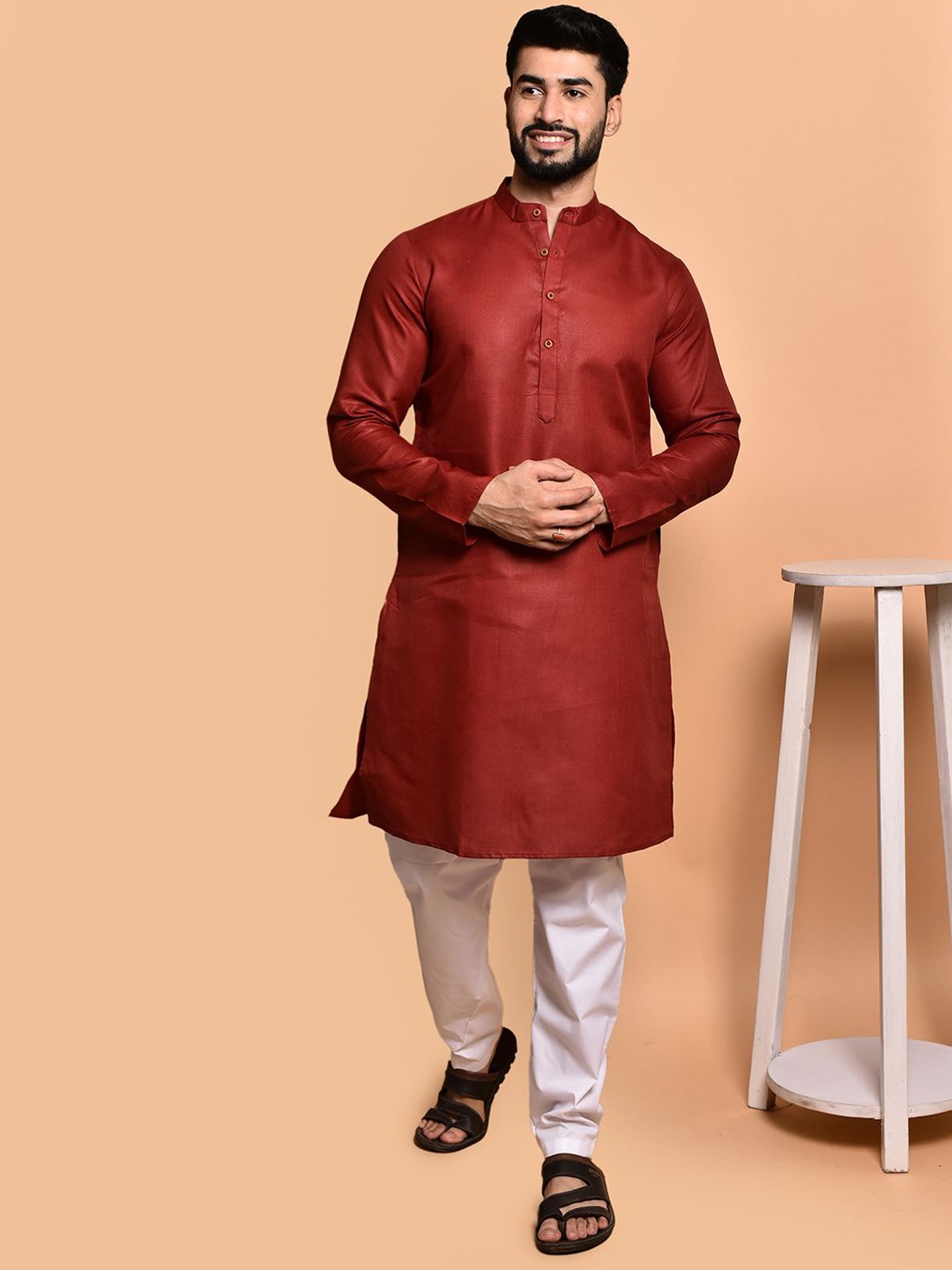 

PRINTINDIA Mandarin Collar Pure Cotton Straight Kurta with Pyjamas, Red