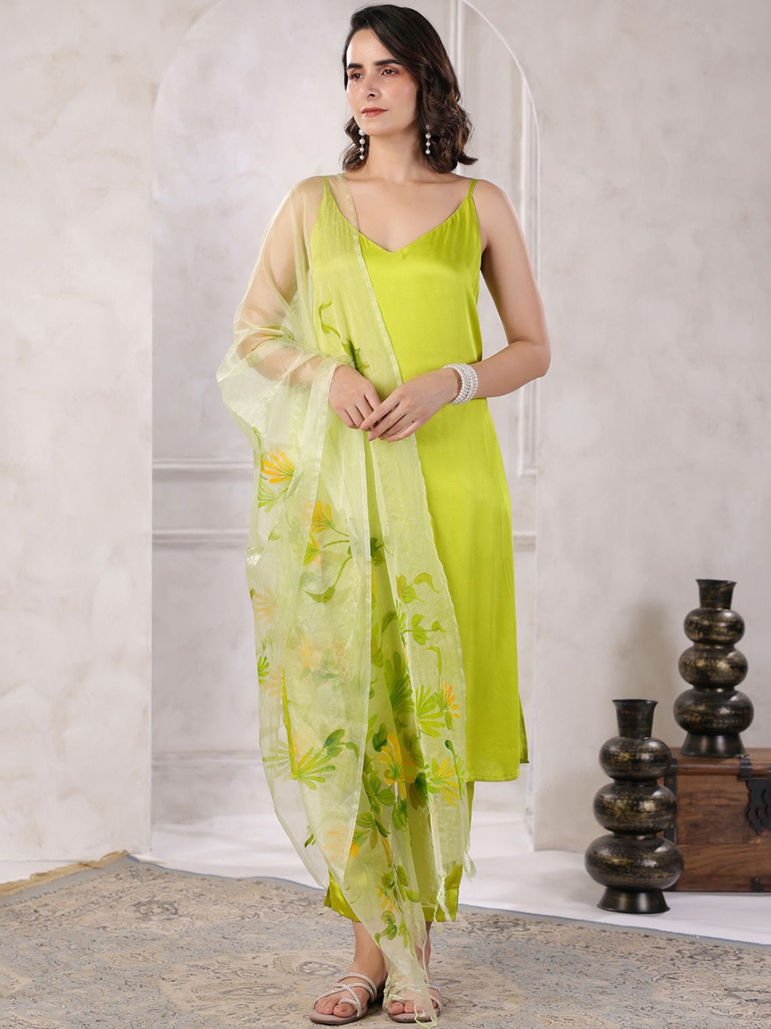 

Geroo Luxe Shoulder Straps Satin Straight Kurta With Trouser & Dupatta, Green