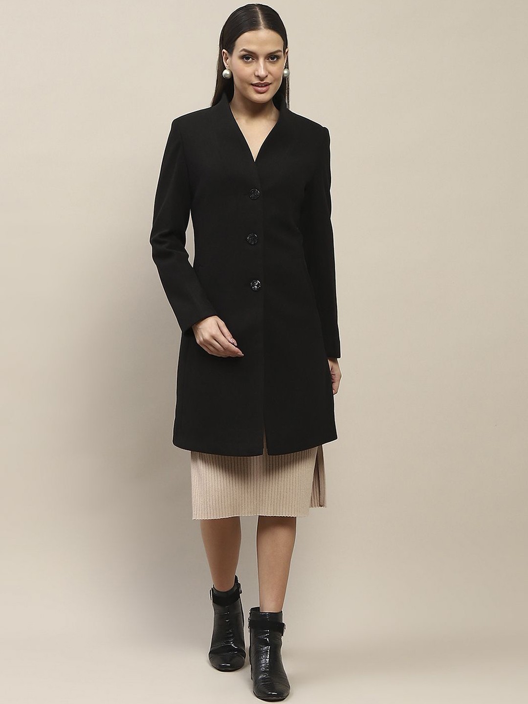 

Madame Women Long Sleeves Single-Breasted Knee Length Overcoat, Black