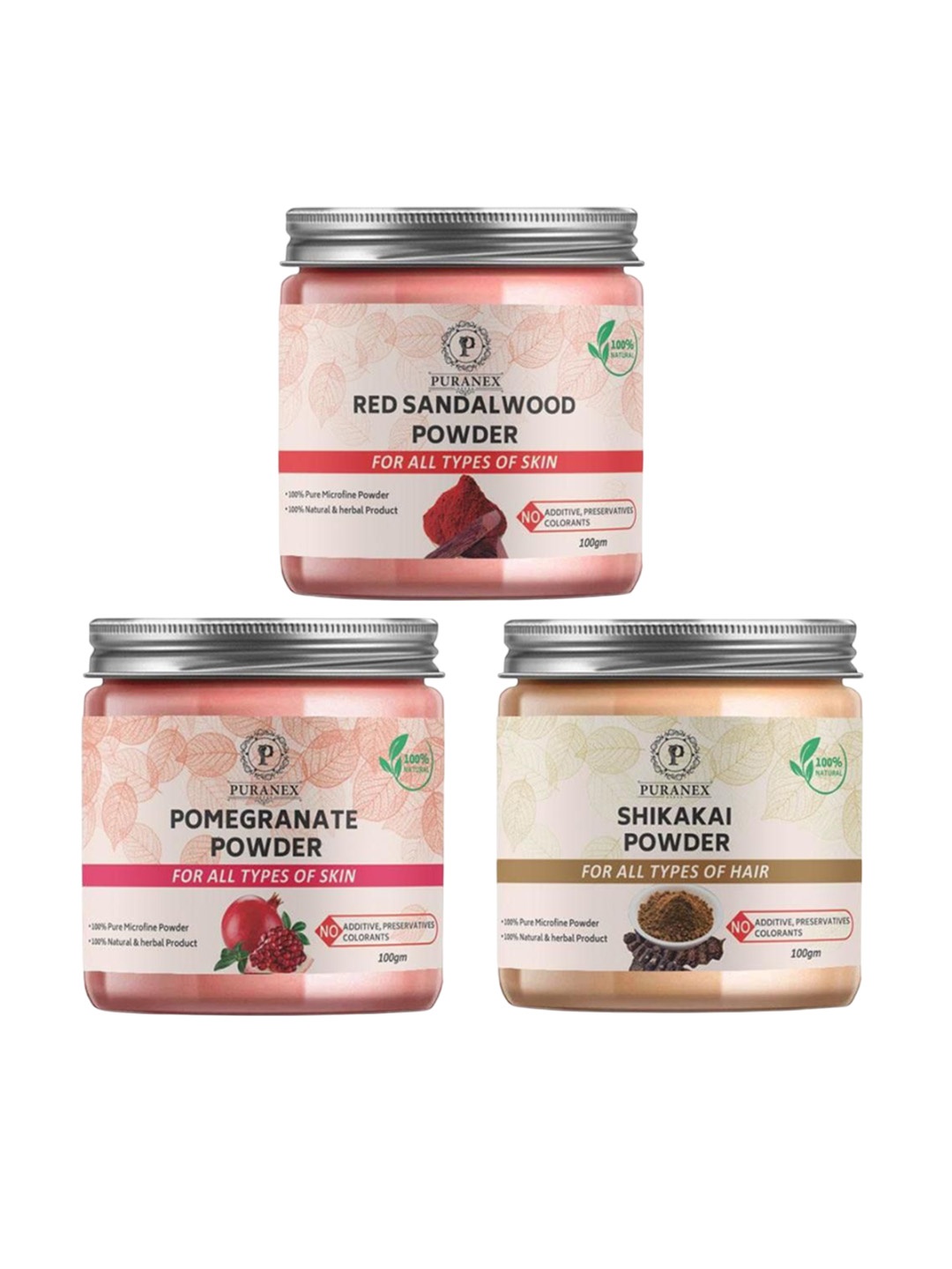 

Puranex Set Of 3 Red Sandalwood - Pomegranate & Shikakai Powder - 100g Each, Pink