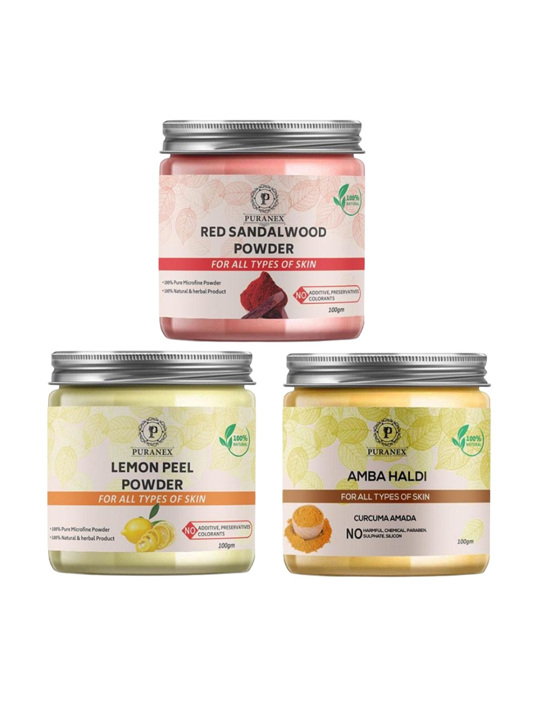 

Puranex Set of 3 Amba Haldi, Lemon Peel, Red Sandalwood Face Pack Powder - 100 g Each, White