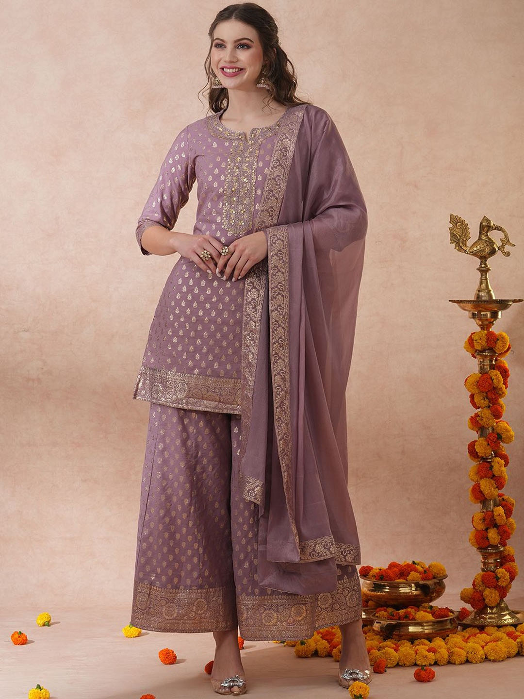

FASHOR Ethnic Motifs Embroidered Straight Kurta With Palazzos & Dupatta, Mauve
