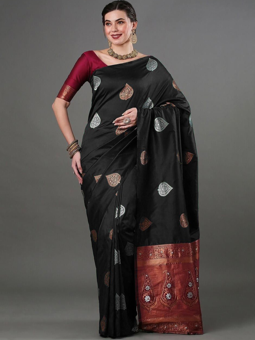 

Visit Wear Ethnic Motifs Woven Design Zari Pure Silk Banarasi Saree, Black