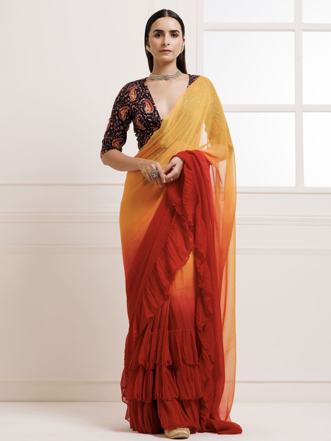 

Geroo Luxe Ombre Ready to Wear Ruffles Saree, Orange