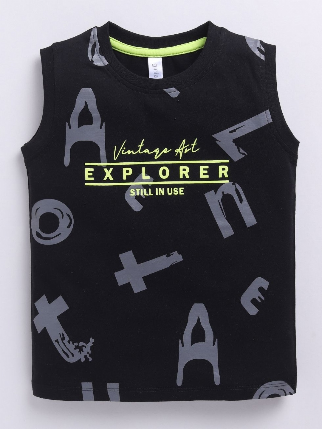 

Ginie Boys Typography Printed Sleeveless Cotton T-shirt, Black