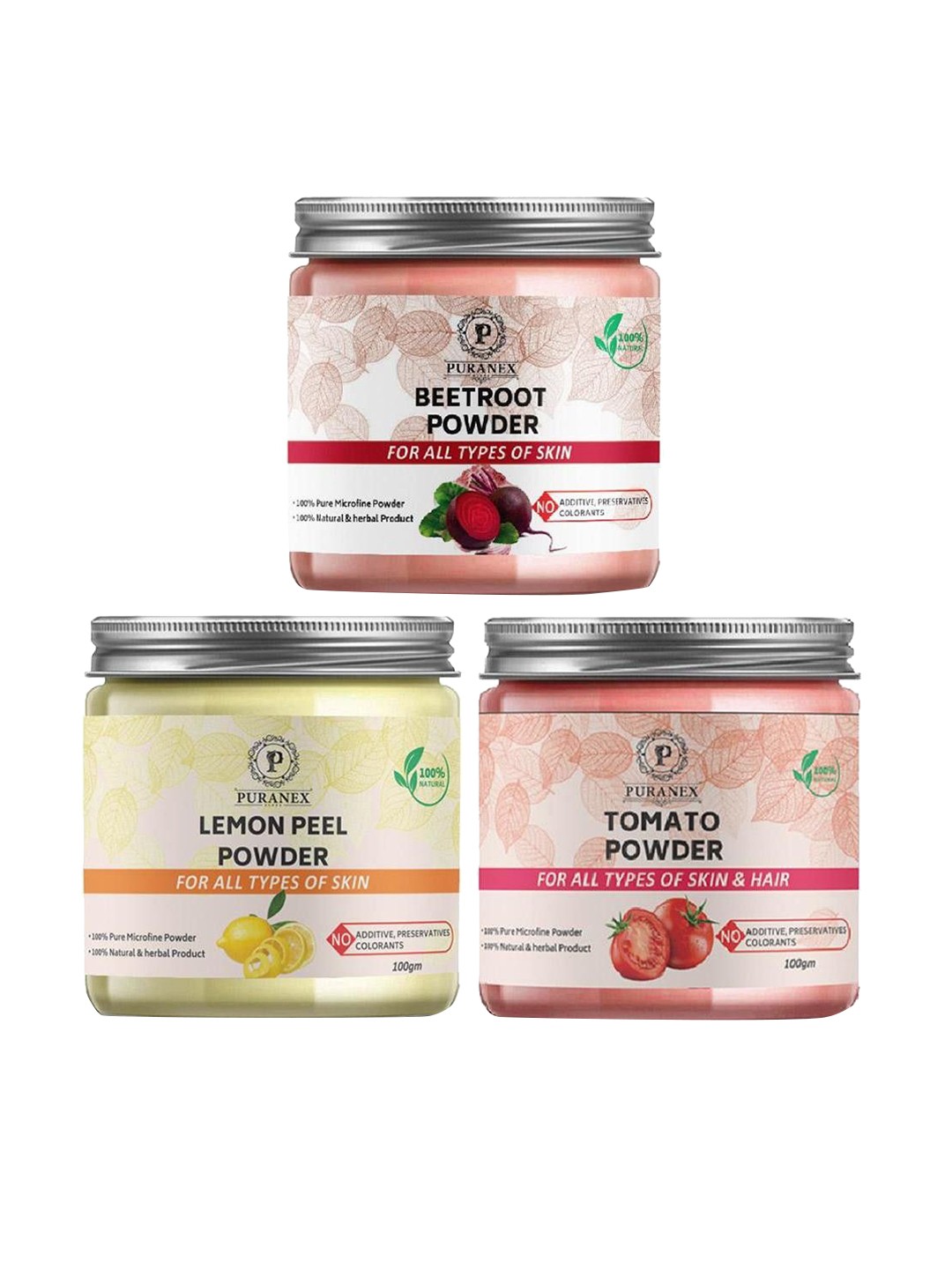 

Puranex Set Of 3 Beetroot, Lemon Peel & Tomato Hair & Skin Powder -100 g Each, White