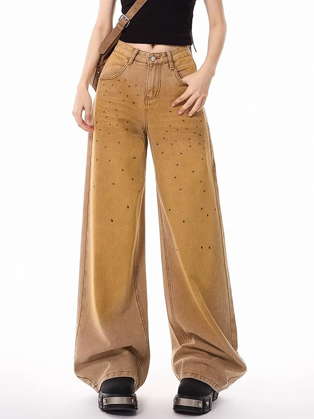 

LULU & SKY Women Wide Leg Low-Rise Low Distress Jeans, Yellow