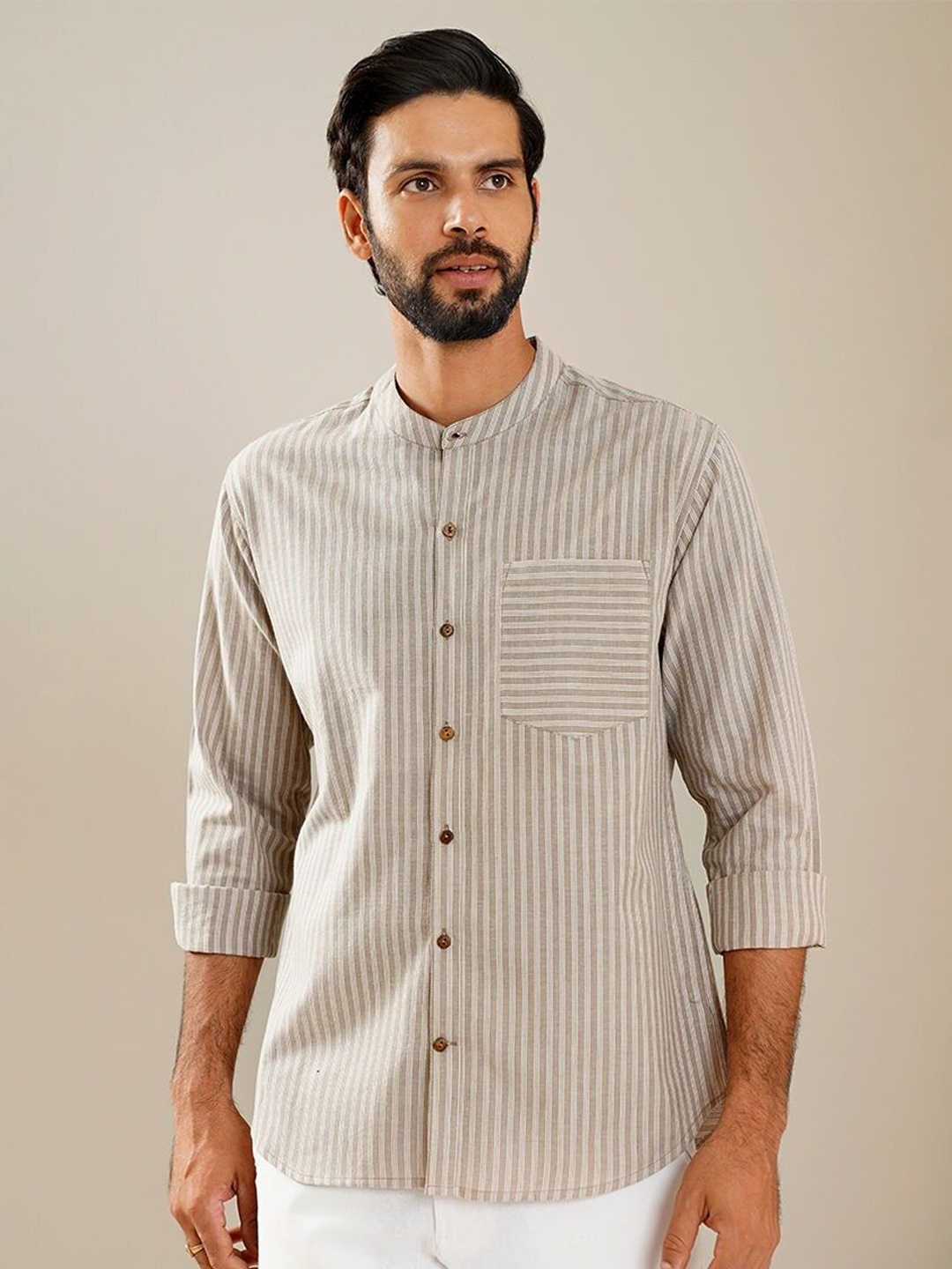 

JAYPORE Men Standard Opaque Vertical Striped Casual Shirt, Beige