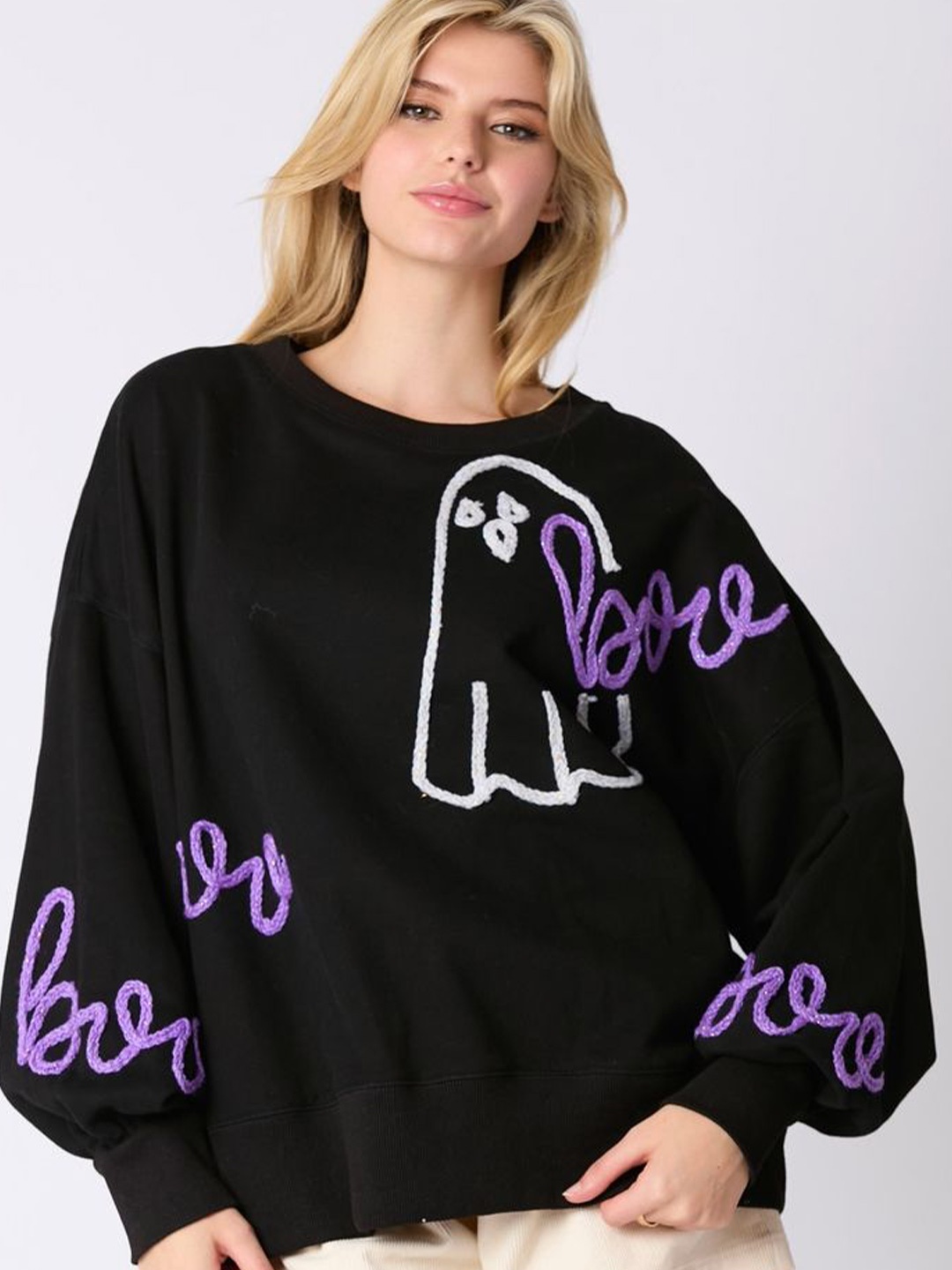 

LULU & SKY Women Typography Embroidered Cotton Sweatshirt, Black