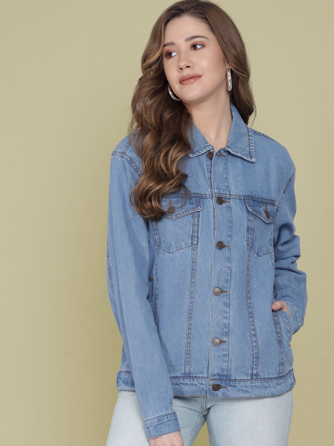 

Kotty Women Spread Collar Solid Cotton Casual Denim Jacket, Blue