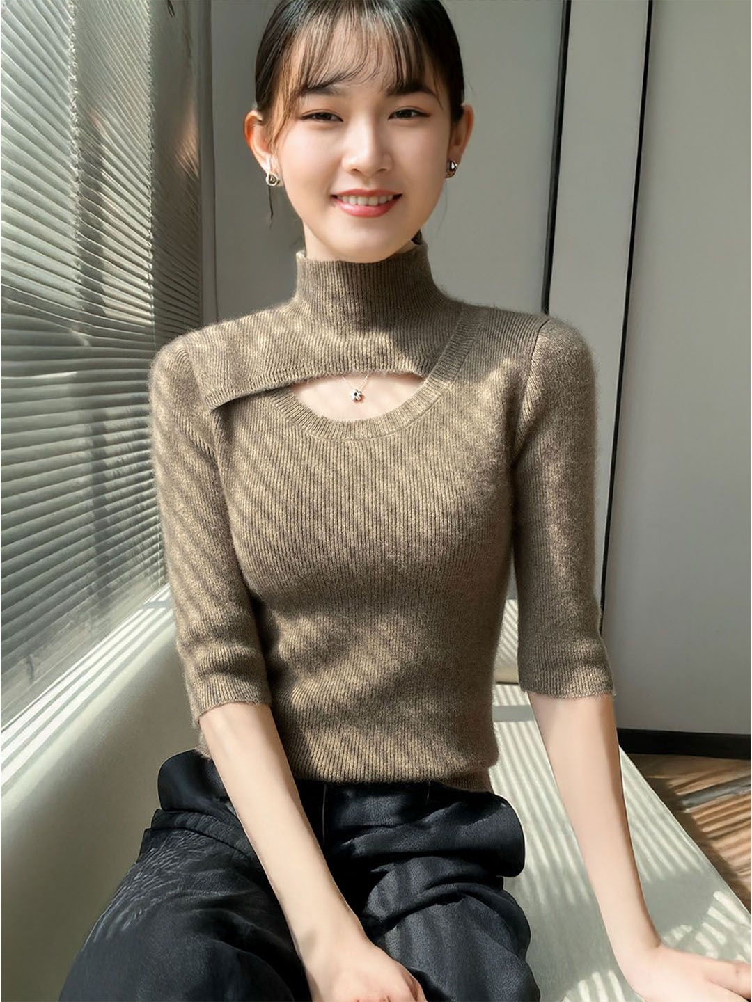

StyleCast Women Striped Pullover, Camel brown