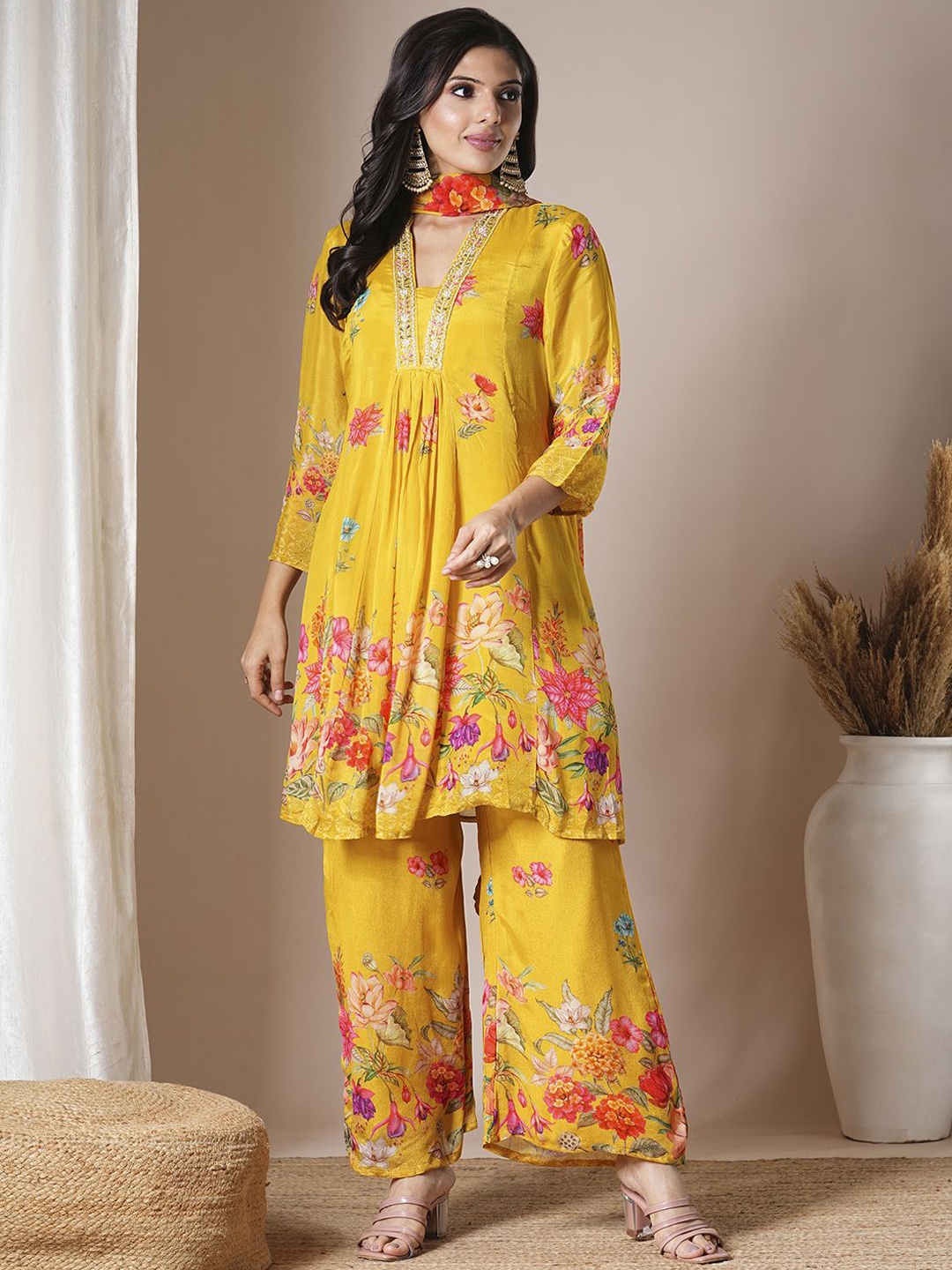 

FASHOR Floral Printed Beads and Stones Pleated Kurta With Palazzos & Dupatta, Yellow