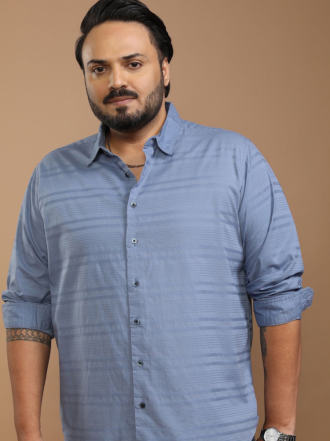 

HIGHLANDER Men Cotton Horizontal Stripes Plus size Casual Shirt, Blue