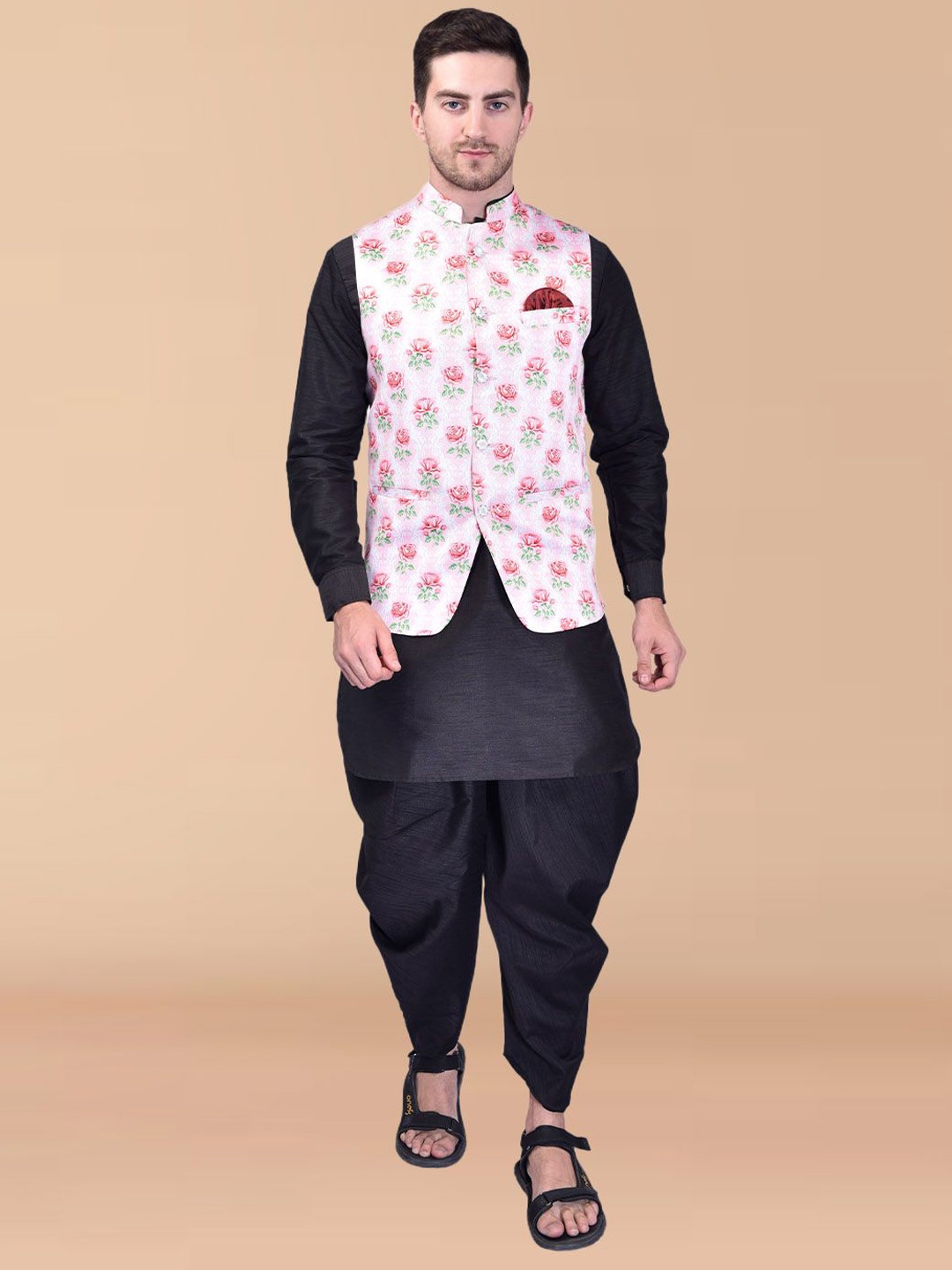 

PRINTINDIA Floral Printed Pure Silk Straight Kurta with Dhoti Pants, Black