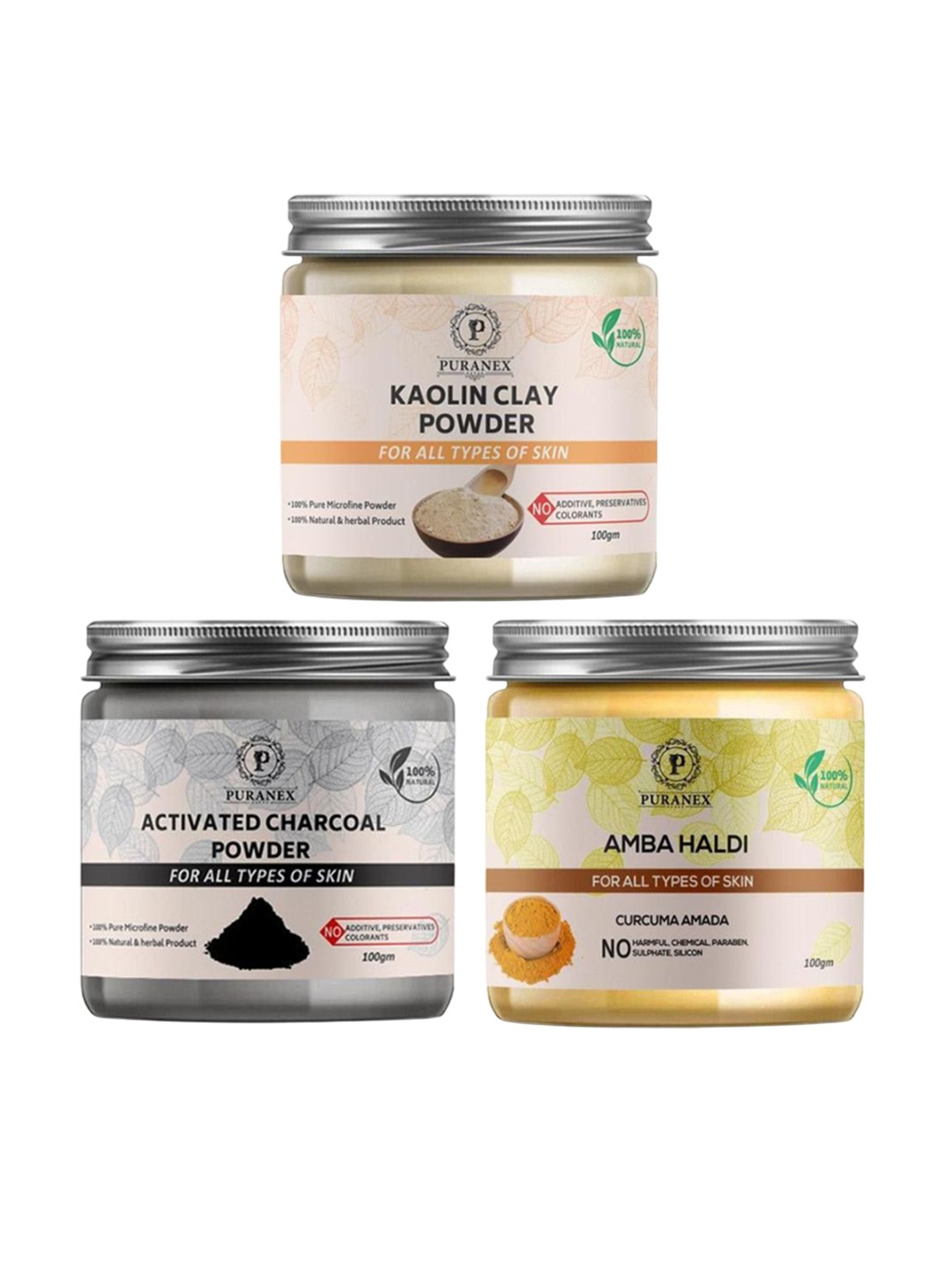 

Puranex Set Of 3 Kaolin Clay, Activated Charcoal & Amba Haldi Face Pack Powder - 100g Each, White