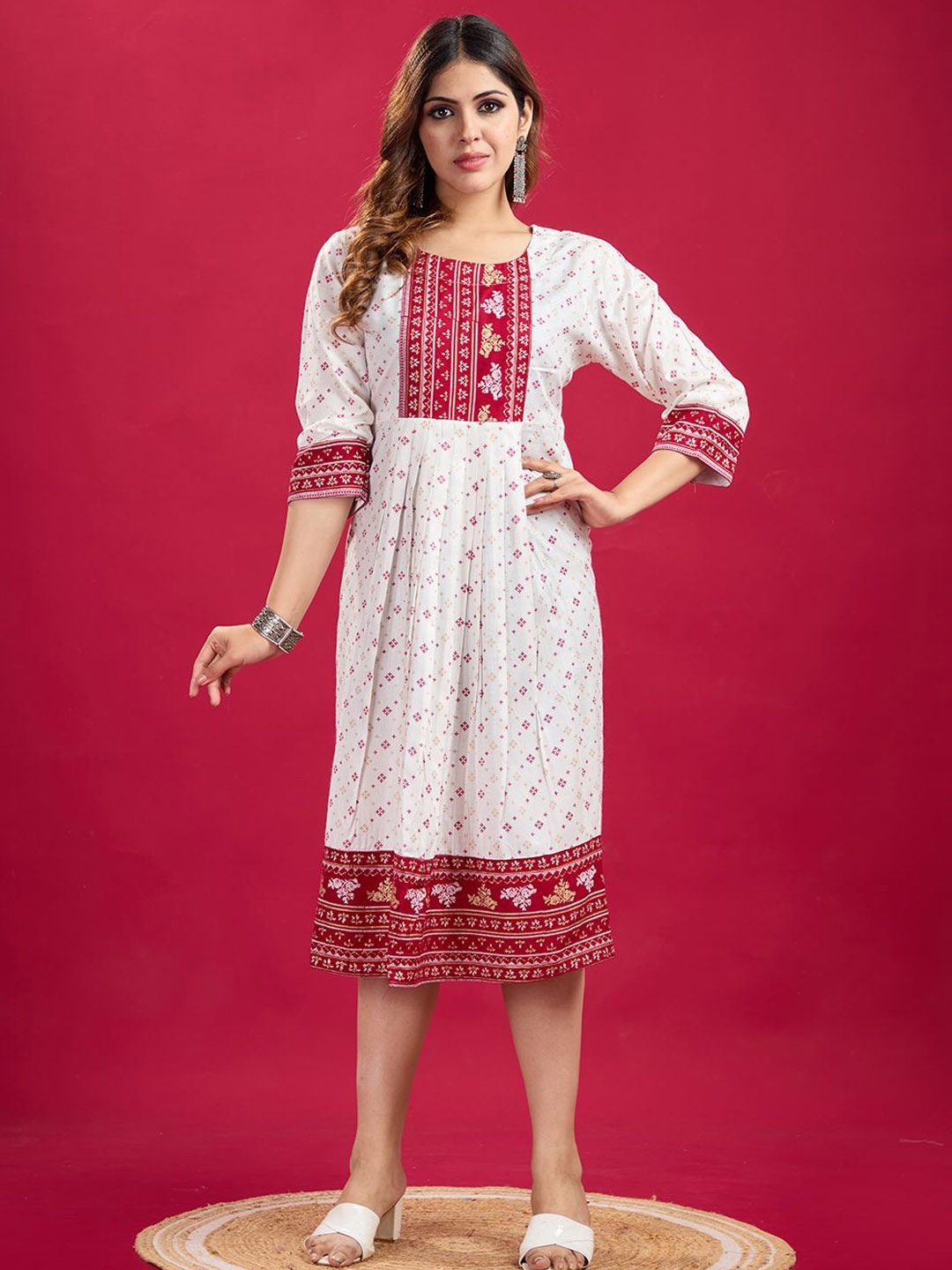 

NIRMAL CREATION Geometric Printed Round Neck Three-Quarter Sleeves Cotton Ethnic Dress, Red