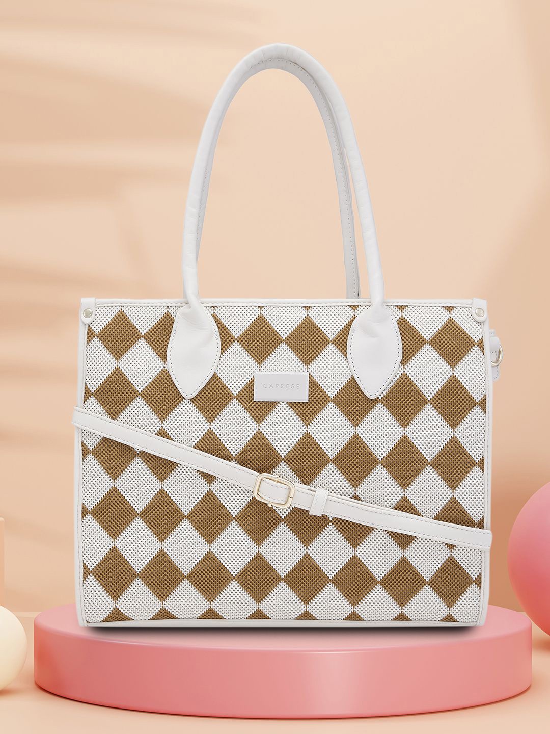 

Caprese Checked PU Structured Shoulder Bag, Cream