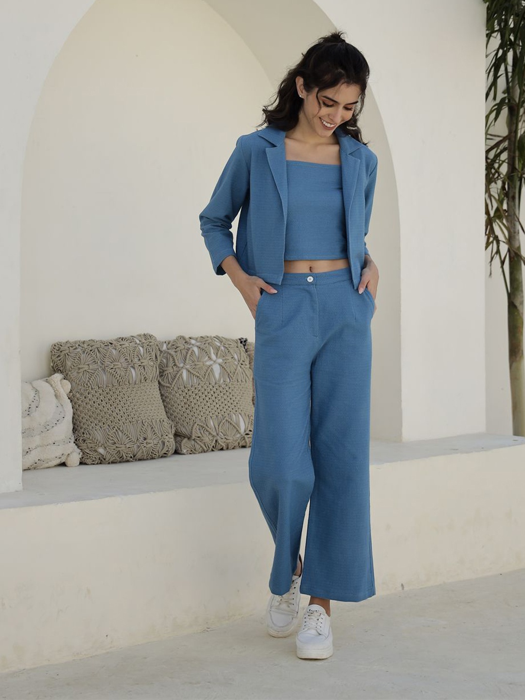 

SANSKRUTIHOMES Blue Sleeveless Top with Trouser and Jacket