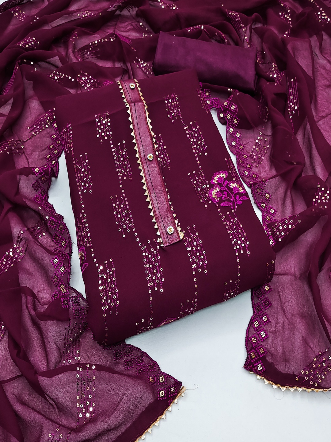 

Maroosh Floral Embroidered Sequinned Unstitched Dress Material, Purple