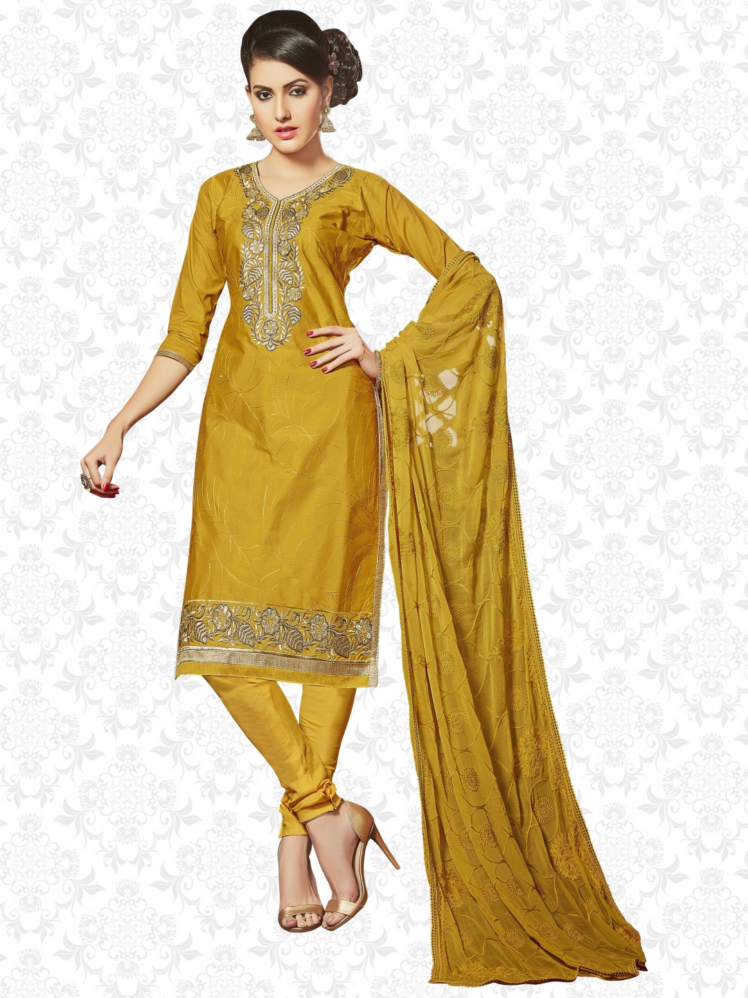 

Maroosh Floral Embroidered Beads and Stones Unstitched Dress Material, Yellow