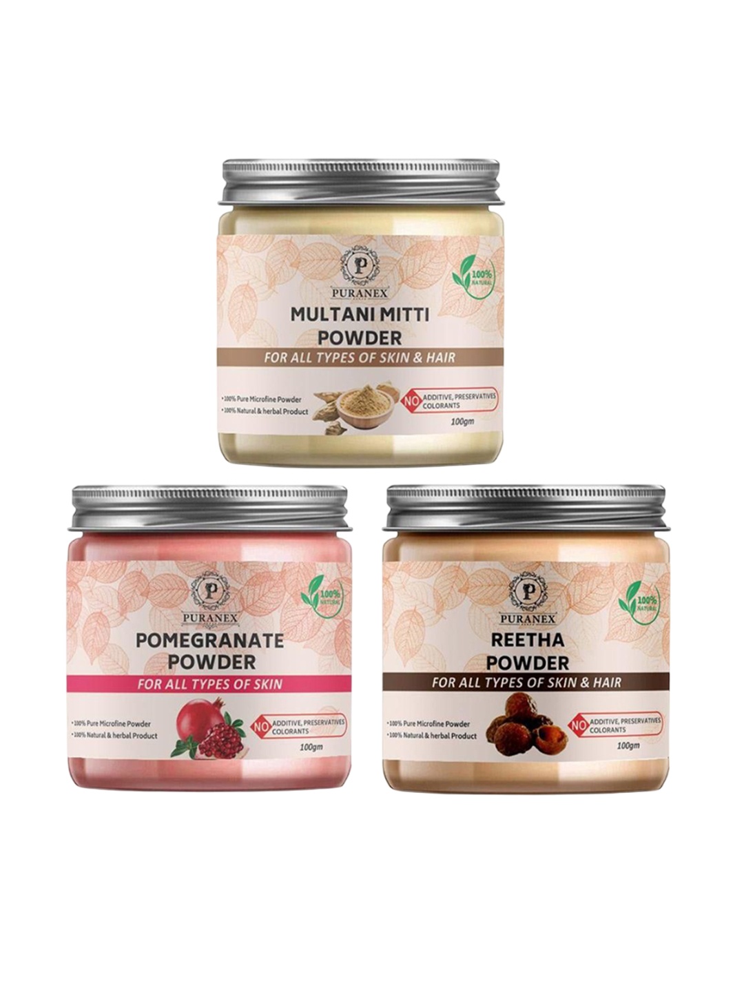 

Puranex Set Of 3 Natural Multani Mitti - Pomegranate & Reetha Powder - 100g Each, White