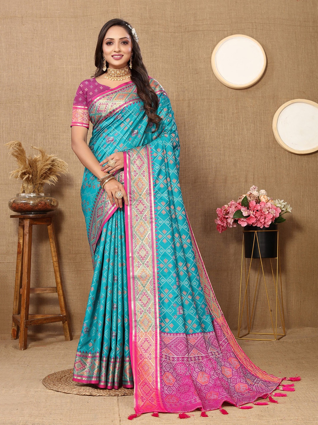 

Anaita Ethnic Motifs Zari Silk Blend Patola Saree, Turquoise blue