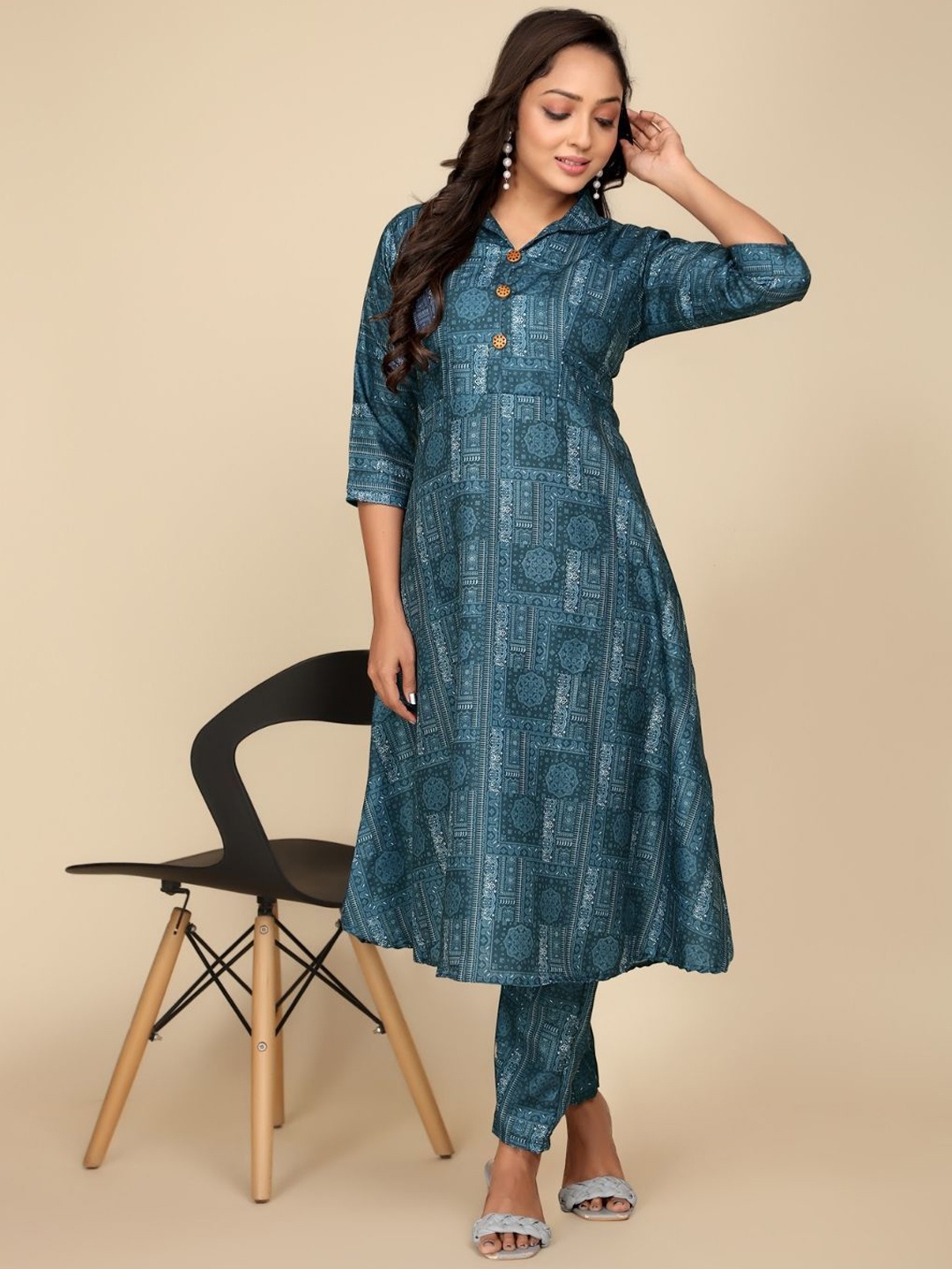 

NIJANAND TEXTILE Shirt Collar Printed Pure Cotton Tunic With Trousers, Teal