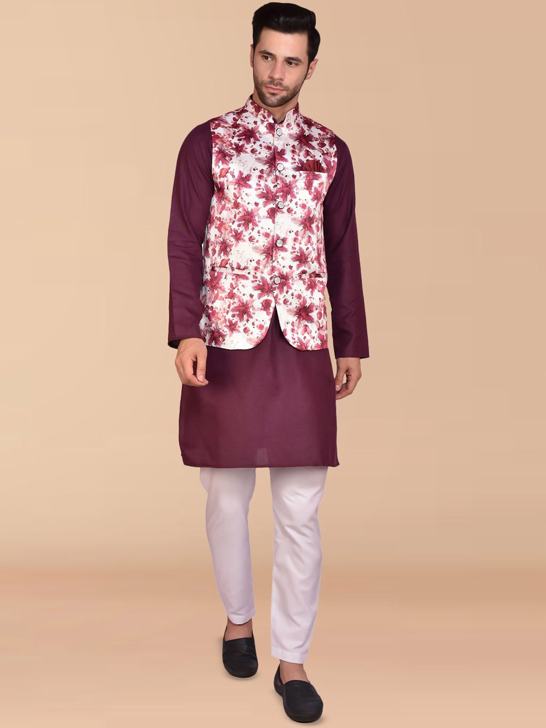 

PRINTINDIA Mandarin Collar Pure Cotton Straight Kurta with Trousers & Nehru jacket, Purple
