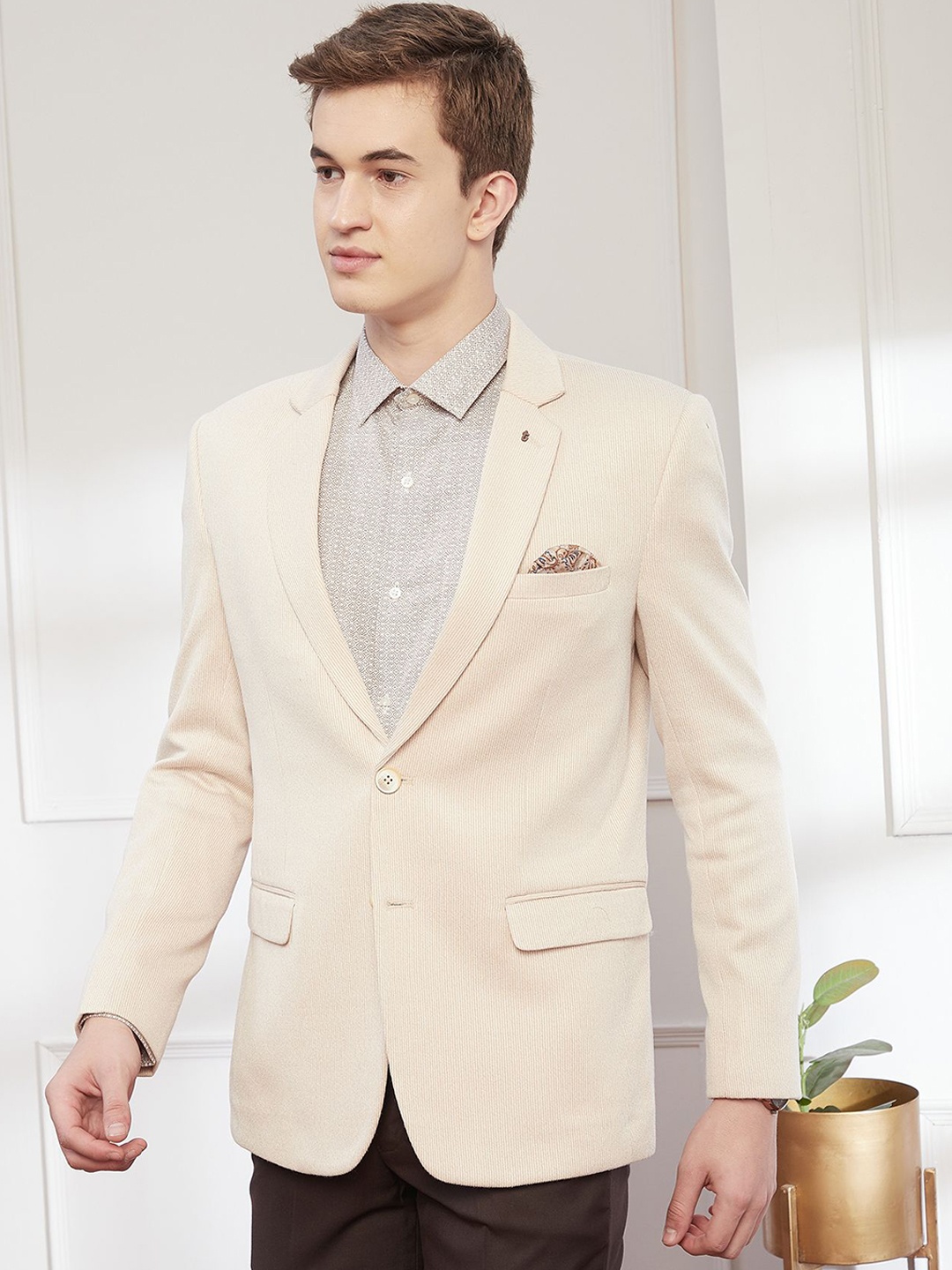 

Turtle Striped Notched Lapel Single Breasted Formal Blazer, Beige