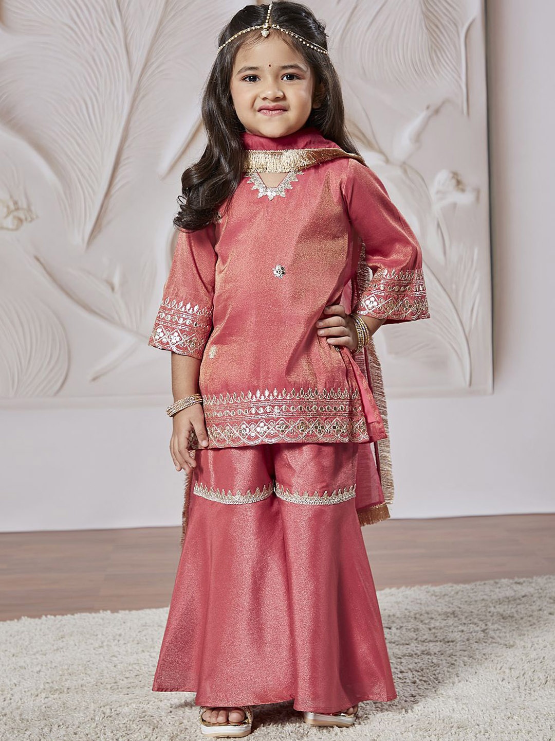 

VASTRAMAY Girls Floral Embroidered Sequinned Straight Kurta with Sharara & Dupatta, Pink